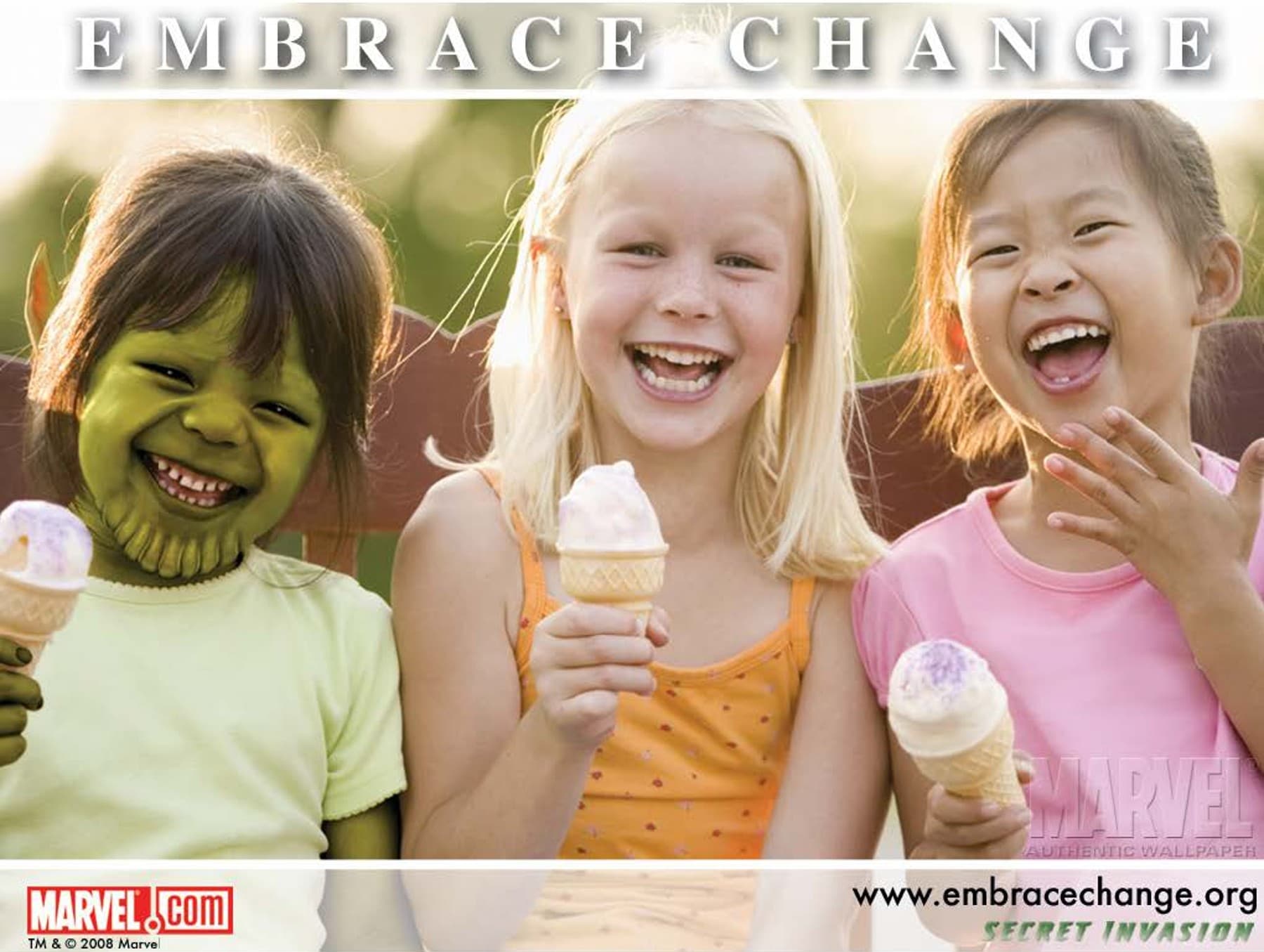 Embrace Change Promotional Image: Two Human Girls Enjoy Ice Cream with a Skrull Child