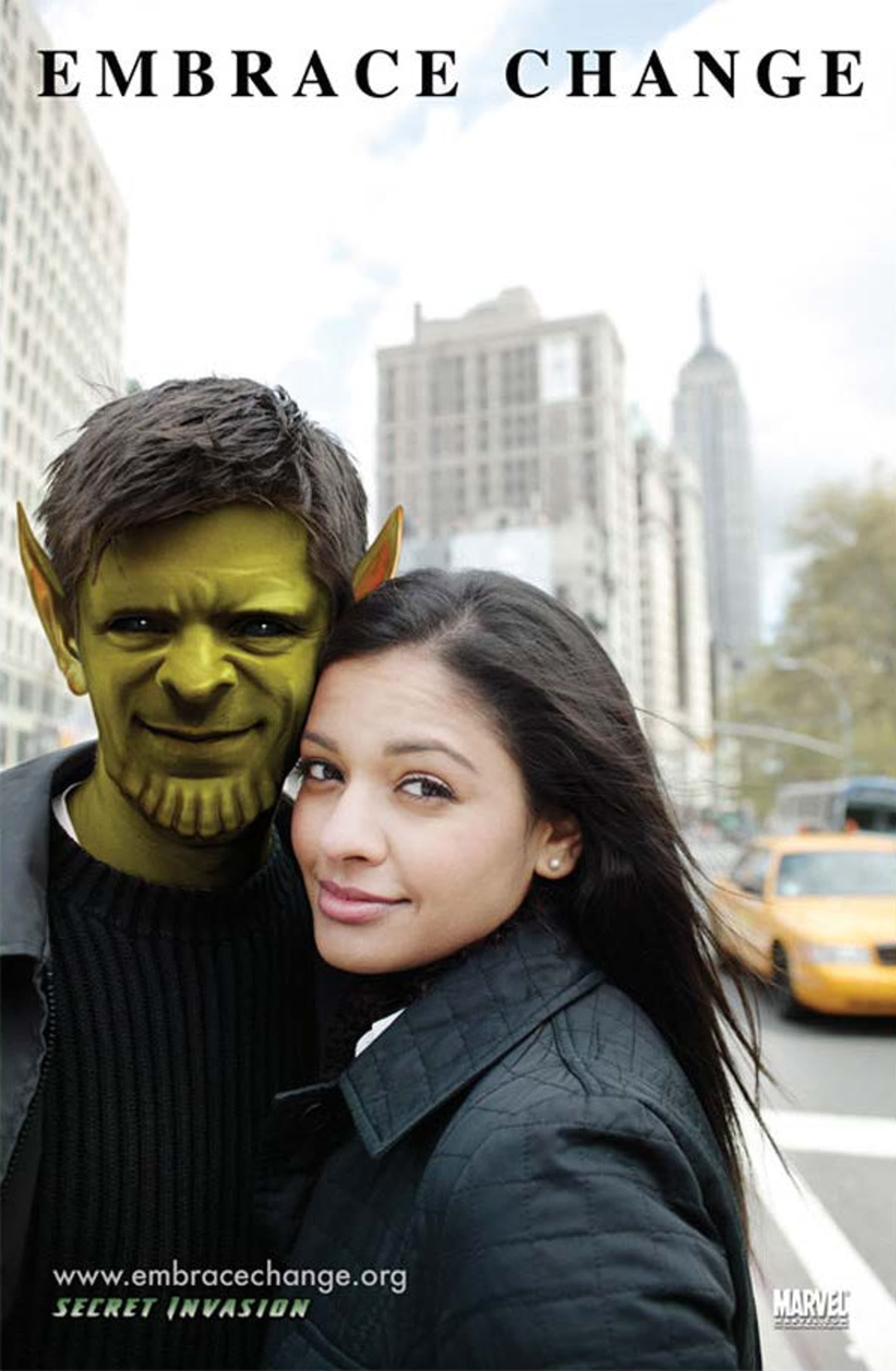 Embrace Change Promotional Image: A Skrull Man and Human Woman Stand Cheek-to-Cheek