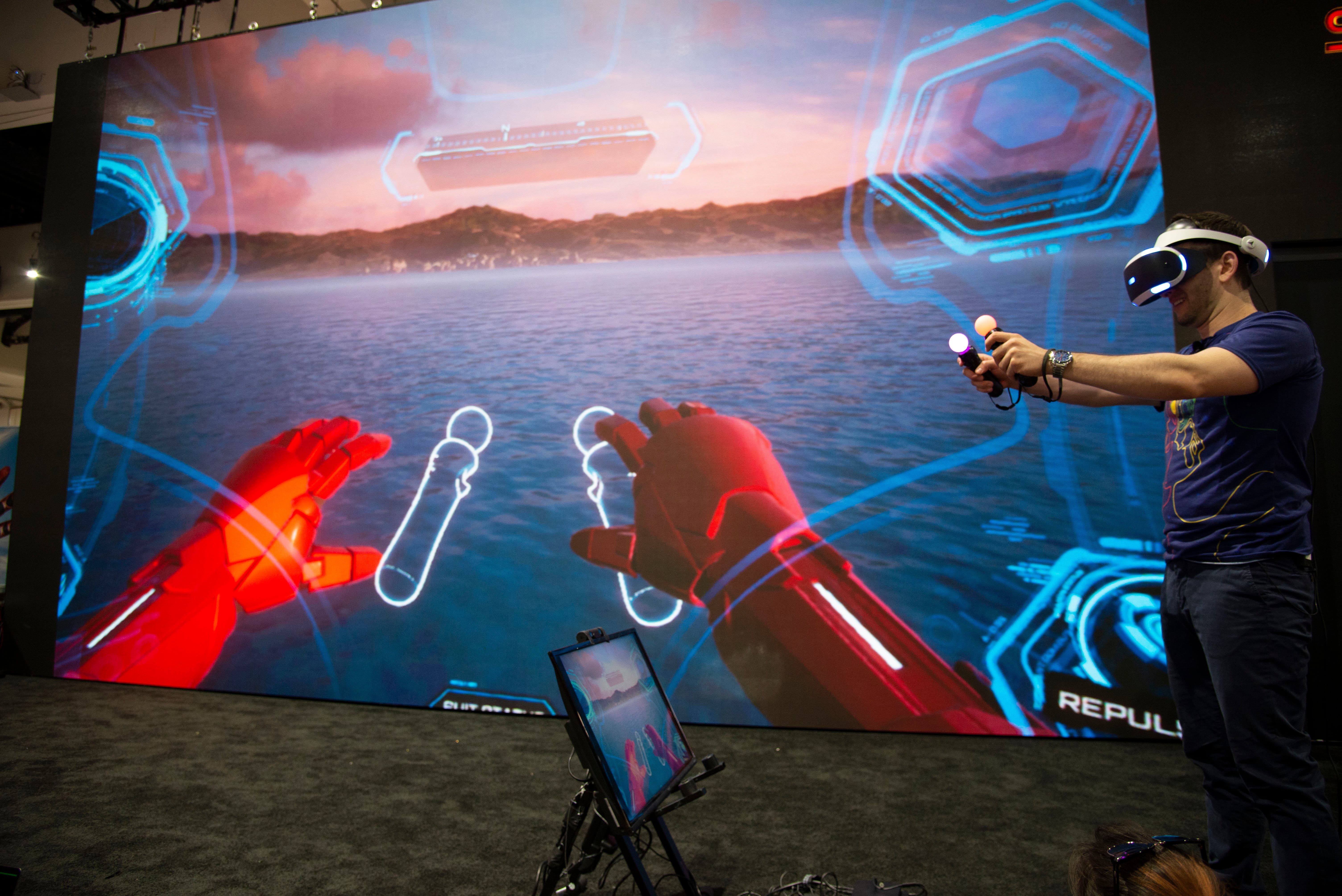 Marvel Let's Play host Josh Saleh flies with Marvel's Iron Man VR live at SDCC 2019