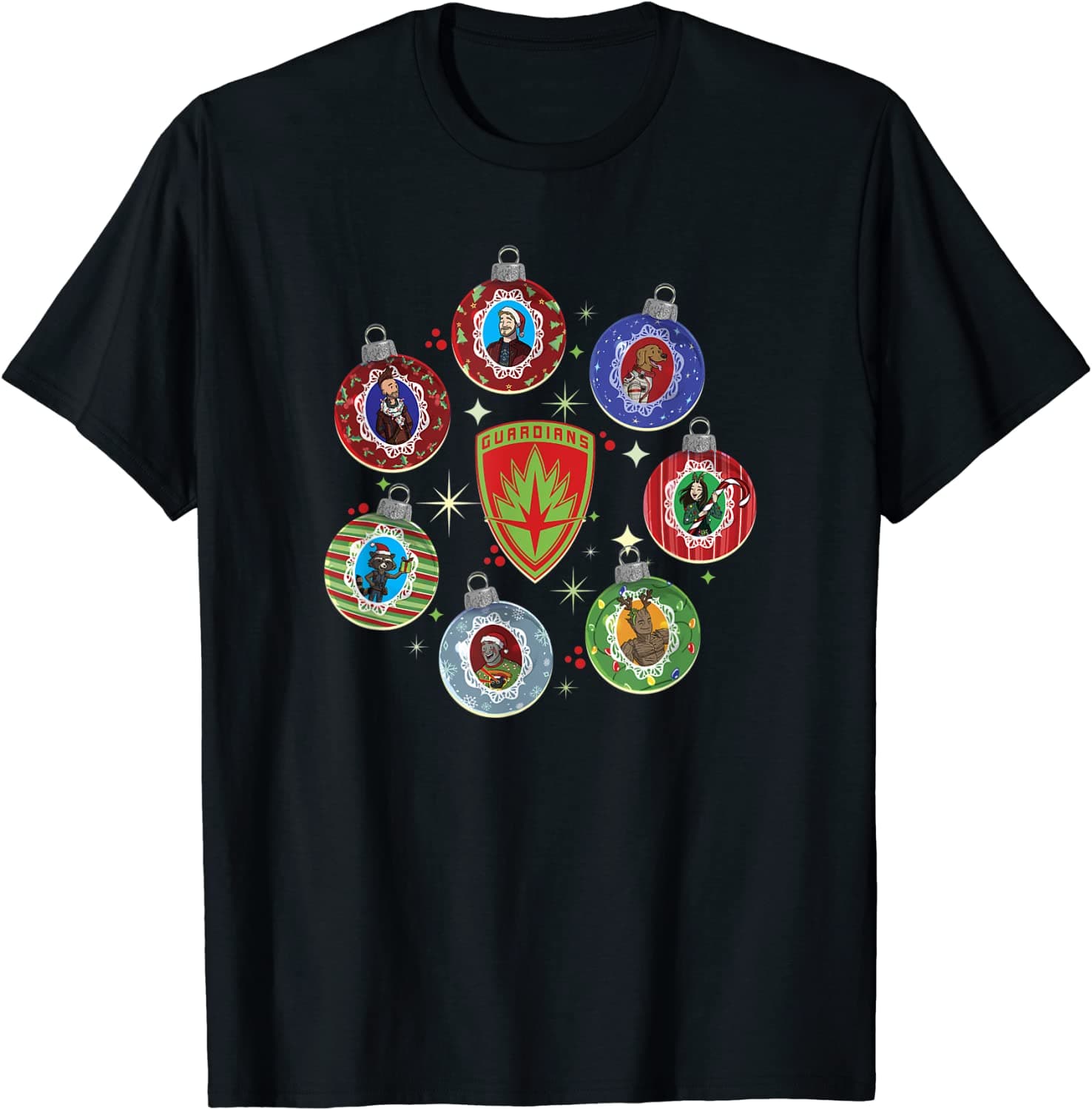 Guardians Ornamnet t-shirt / shop it <a href=https://www.amazon.com/Marvel-Guardians-Holiday-Special-Ornamental/dp/B0BCCQTK7H>here</a>