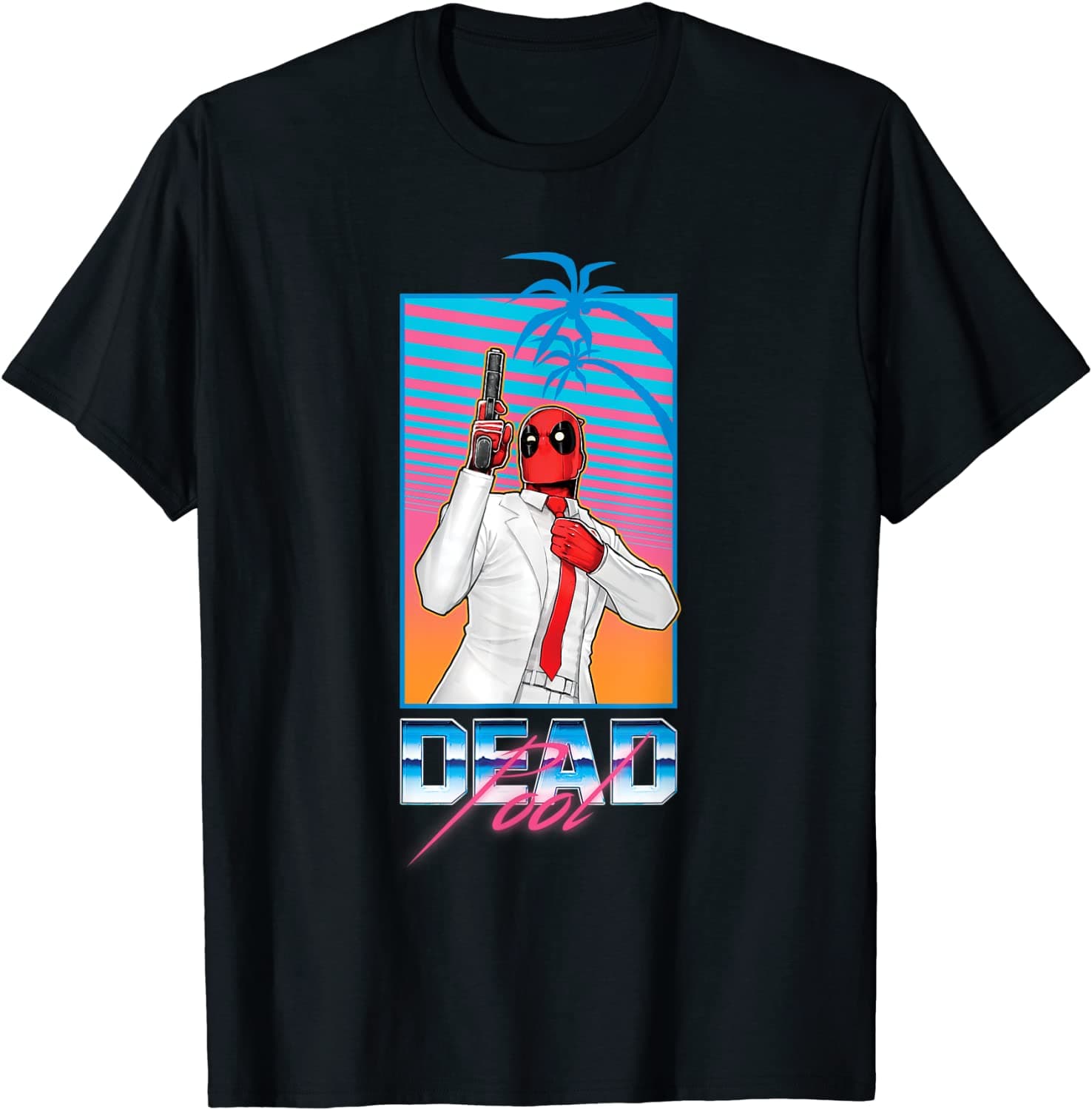 <a href=https://www.amazon.com/Marvel-Deadpool-Tropical-90s-T-Shirt/dp/B07WWPW6CD>Deadpool Tropical 90s T-Shirt</a> / Amazon