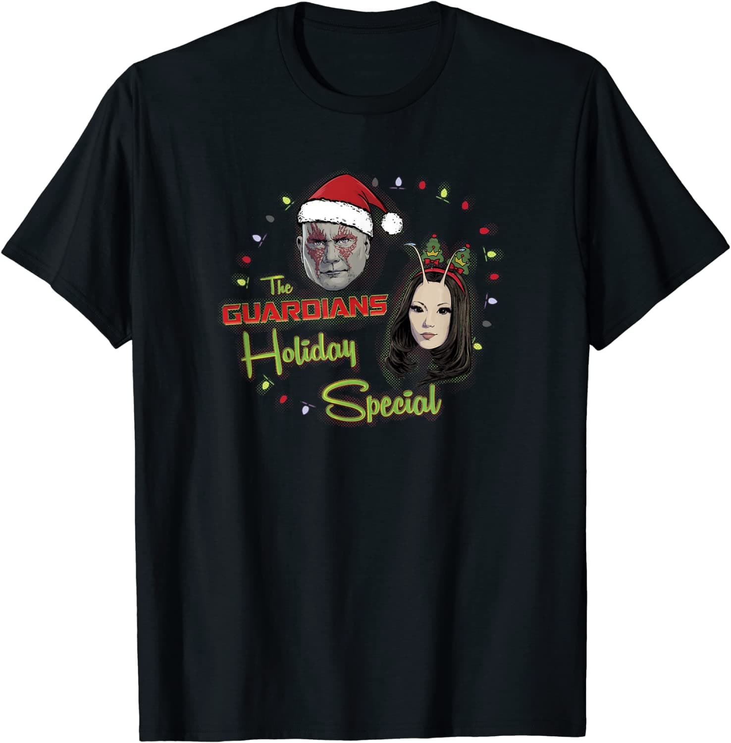 Drax and Mantis holiday t-shirt / shop it <a href=https://www.amazon.com/Marvel-Guardians-Holiday-Special-T-Shirt/dp/B0BCBTFWZM>here</a>