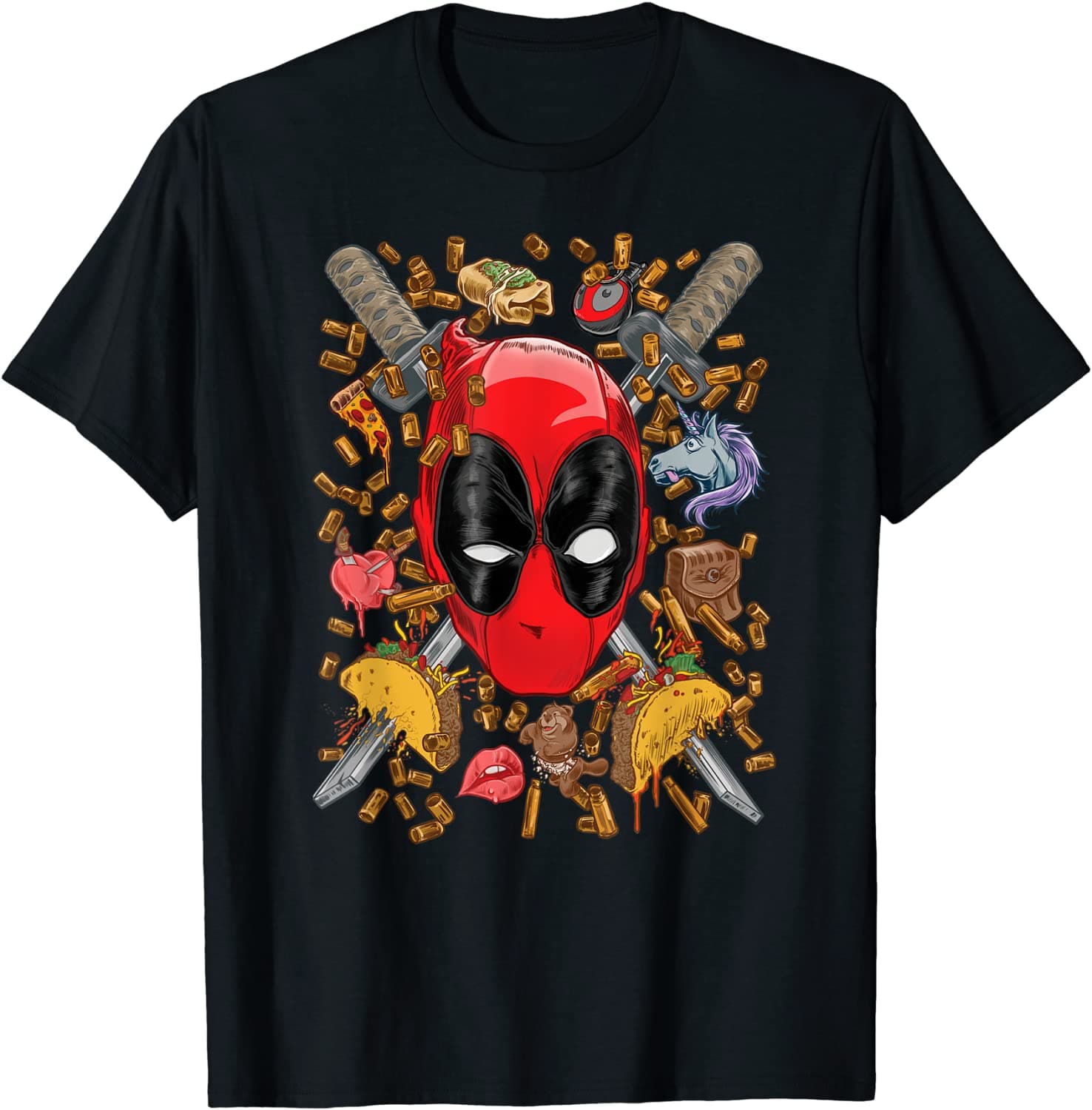 <a href=https://www.amazon.com/Marvel-Deadpool-Snacks-Bullets-T-Shirt/dp/B07WNKMGRV>Deadpool Snacks and Bullets T-Shirt</a> / Amazon