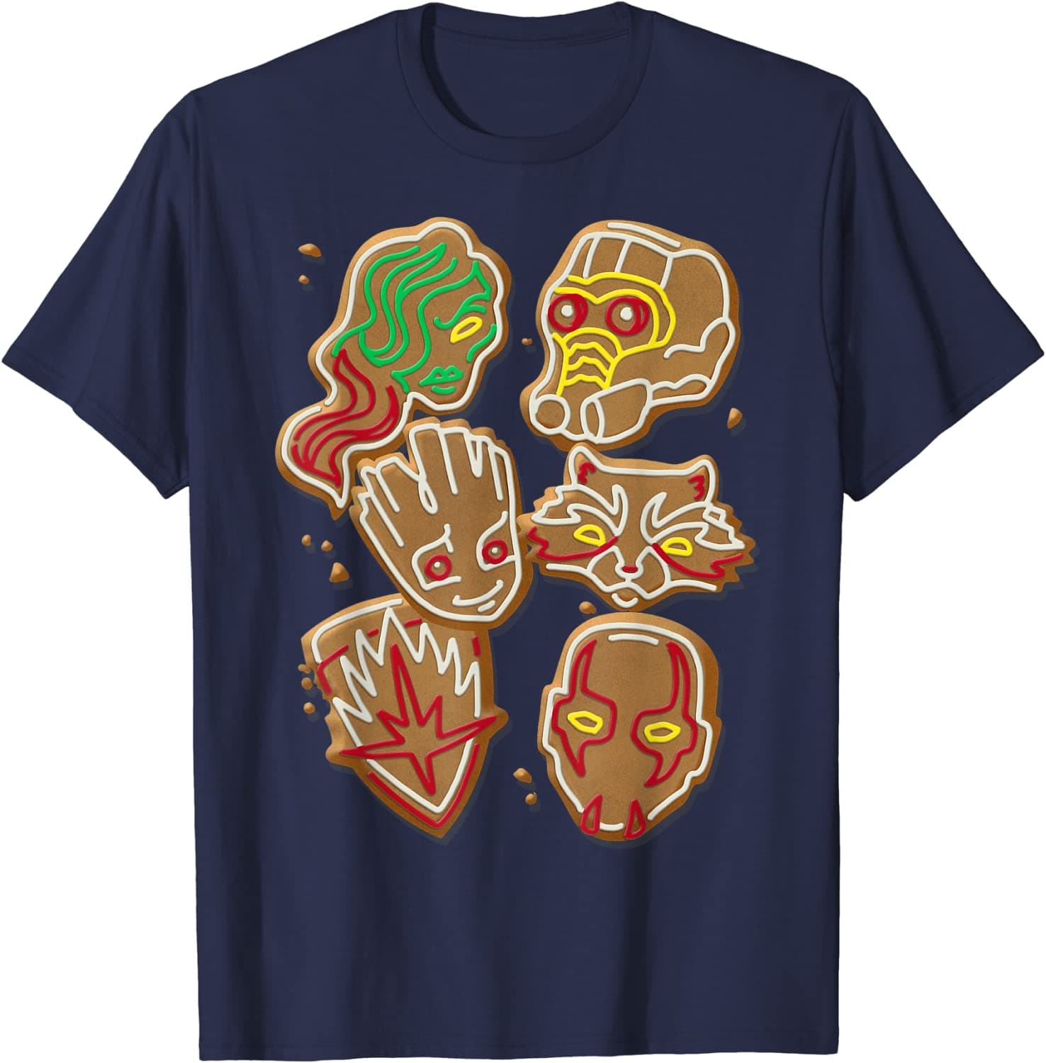 Guardians gingerbread t-shirt / shop it <a href=https://www.amazon.com/Marvel-Guardians-Gingerbread-Cookies-Christmas/dp/B07YLL24XJ>here</a>