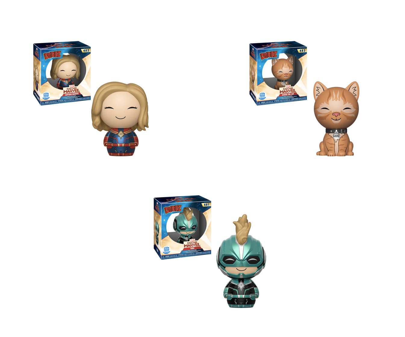 If you’re looking for Captain Marvel characters with an adorable edge, Captain Marvel, her beloved pet Goose the Cat, and Vers are available as adorable Dorbz figures available as Funko Shop exclusives.