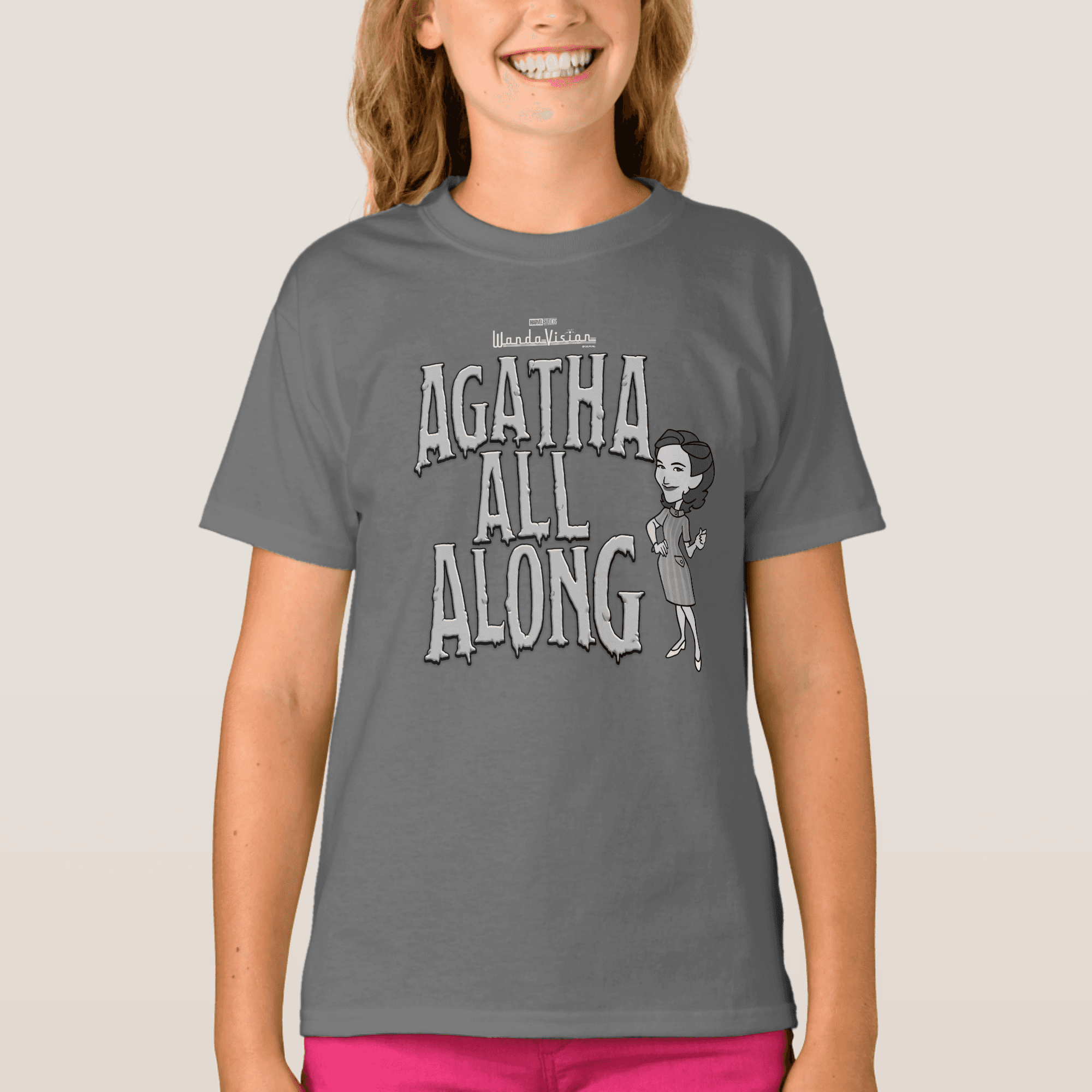 <a href=https://www.zazzle.com/agatha_all_along_t_shirt-235079500831828751>’Agatha All Along’ Girls T-Shirt</a> / Zazzle