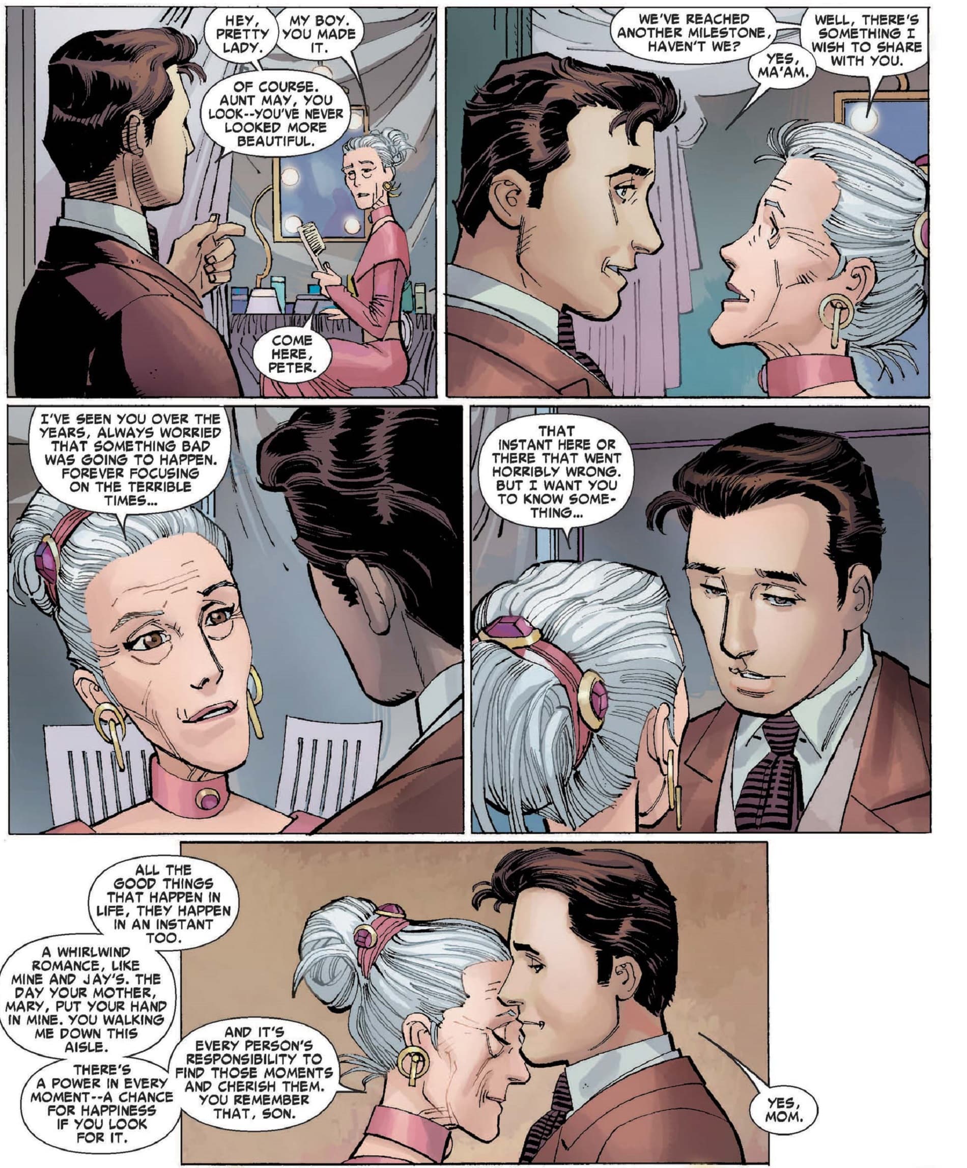 Peter Parker celebrates Aunt May on her big day in AMAZING SPIDER-MAN (1999) #600.
