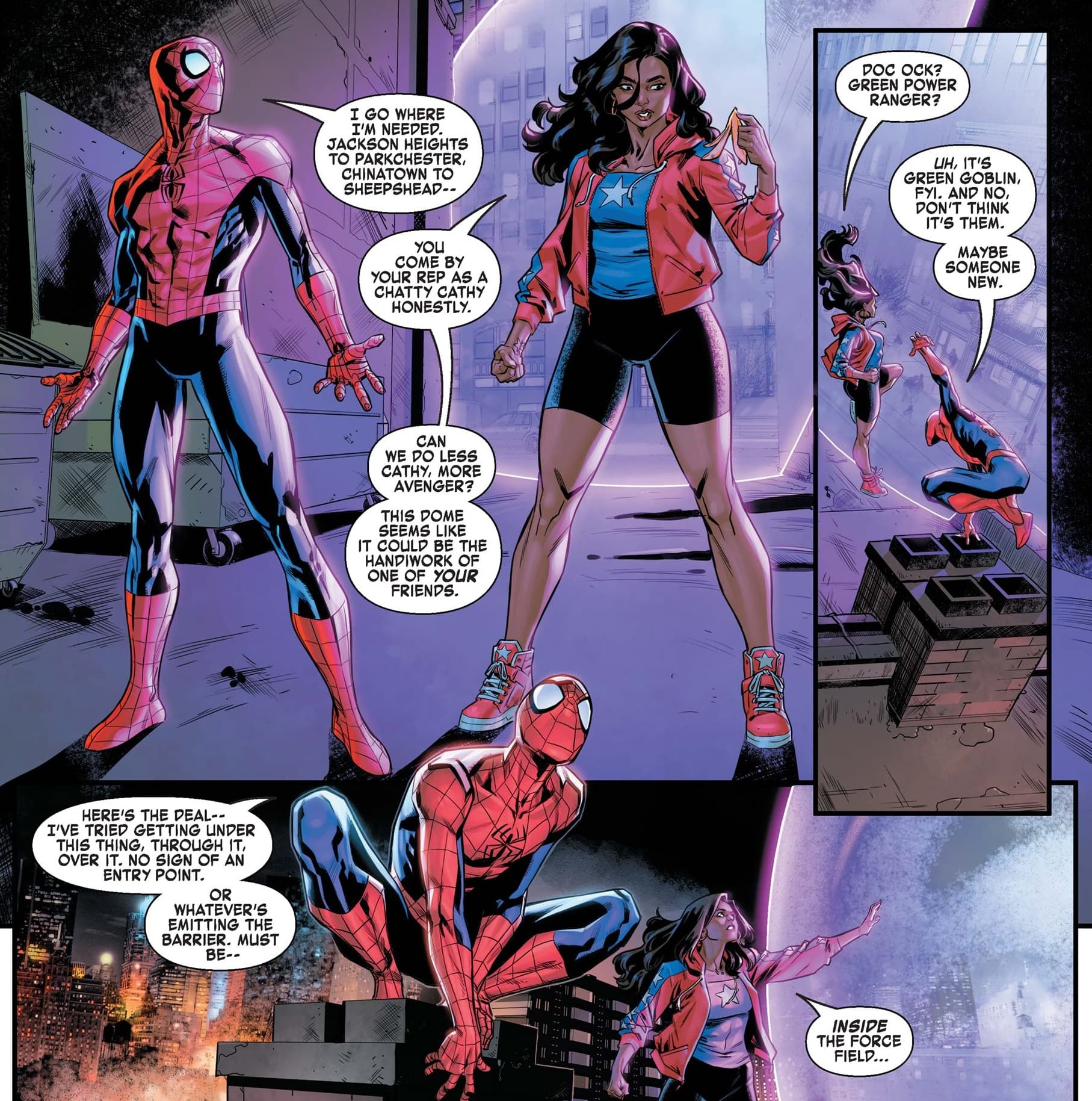 Spider-Man surveys the scene of the force field situation.