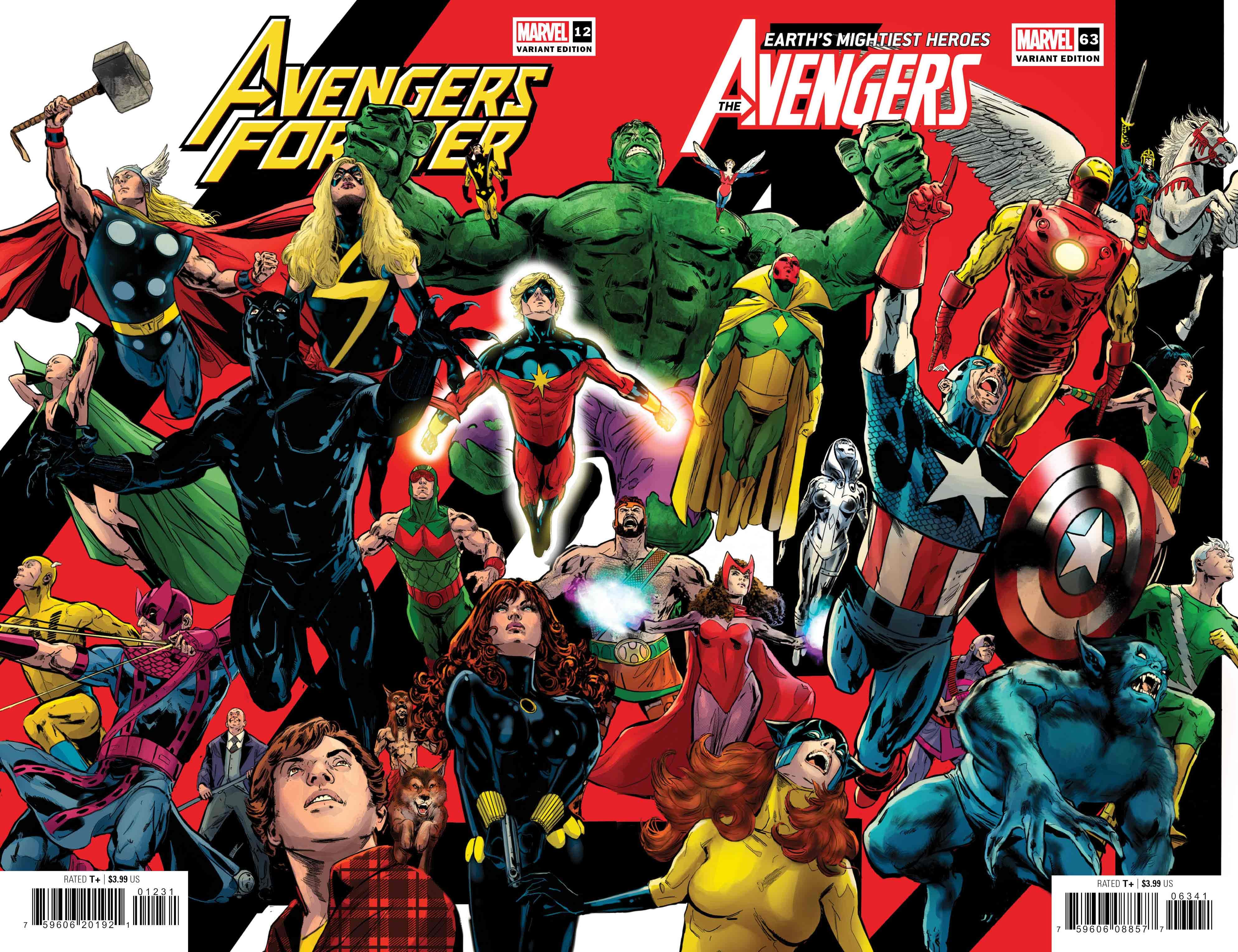 Check out Phil Jimenez's connecting variant covers for December's 'Avengers' #63 and 'Avengers Forever' #12, Part 2 and 3 of Jason Aaron’s 'Avengers Assemble' crossover!