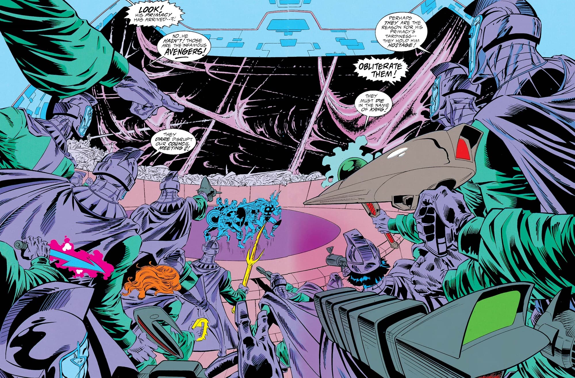 The Avengers interrupt a council meeting in AVENGERS: THE TERMINATRIX OBJECTIVE (1993) #2.
