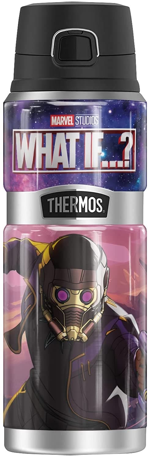 T’Challa Star-Lord Stainless Steel Drink Bottle / shop it <a href=https://www.amazon.com/Starlord-THERMOS-STAINLESS-Stainless-insulated/dp/B09BZX55VH>here</a>