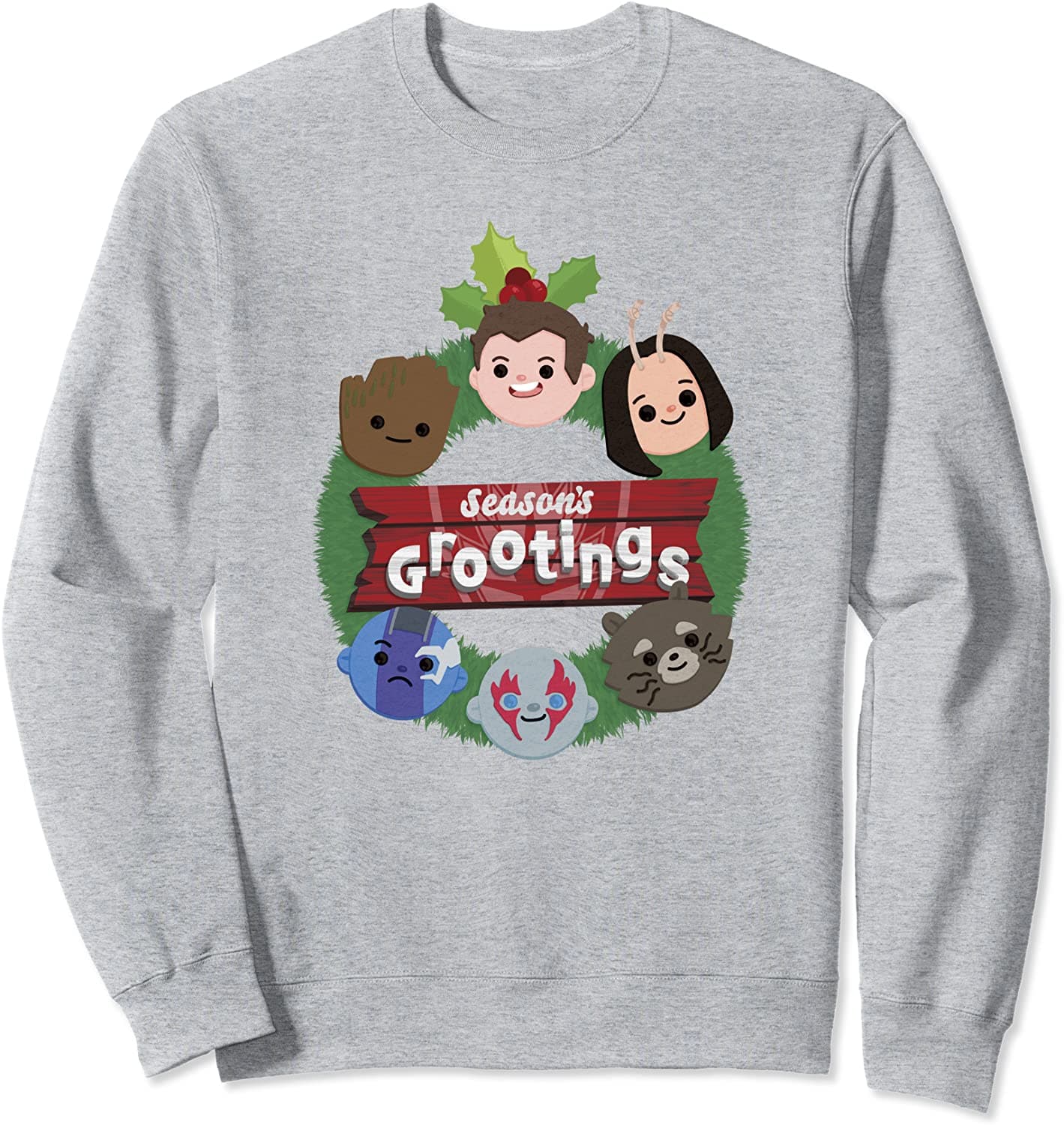 Seasons Grootings sweatshirt / shop it <a href=https://www.amazon.com/Marvel-Guardians-Holiday-Special-Sweatshirt/dp/B0BCCLVLFY>here</a>