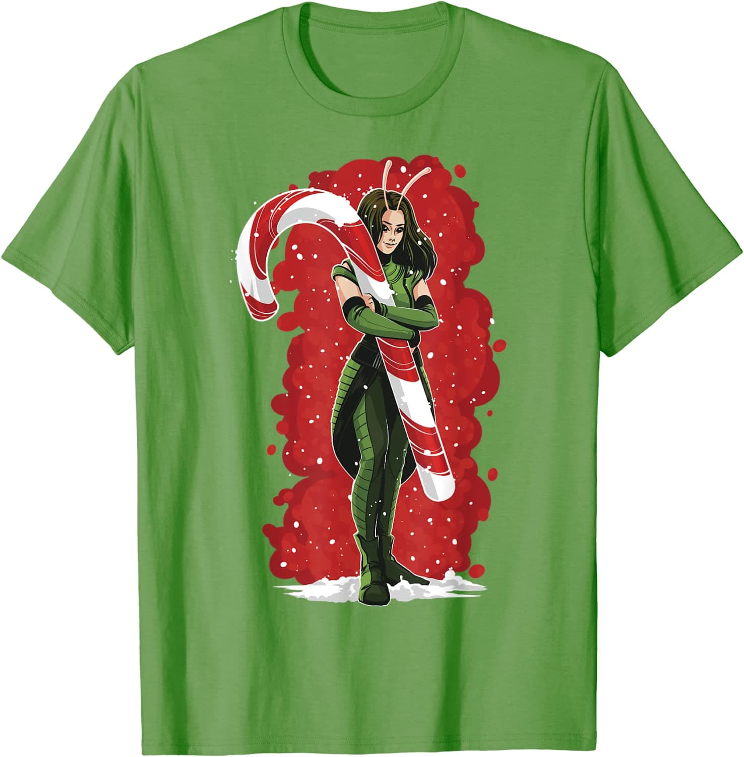 Mantis candy cane t-shirt / shop it <a href=https://www.amazon.com/Marvel-Guardians-Holiday-Special-T-Shirt/dp/B0BCC3VLYF>here</a>