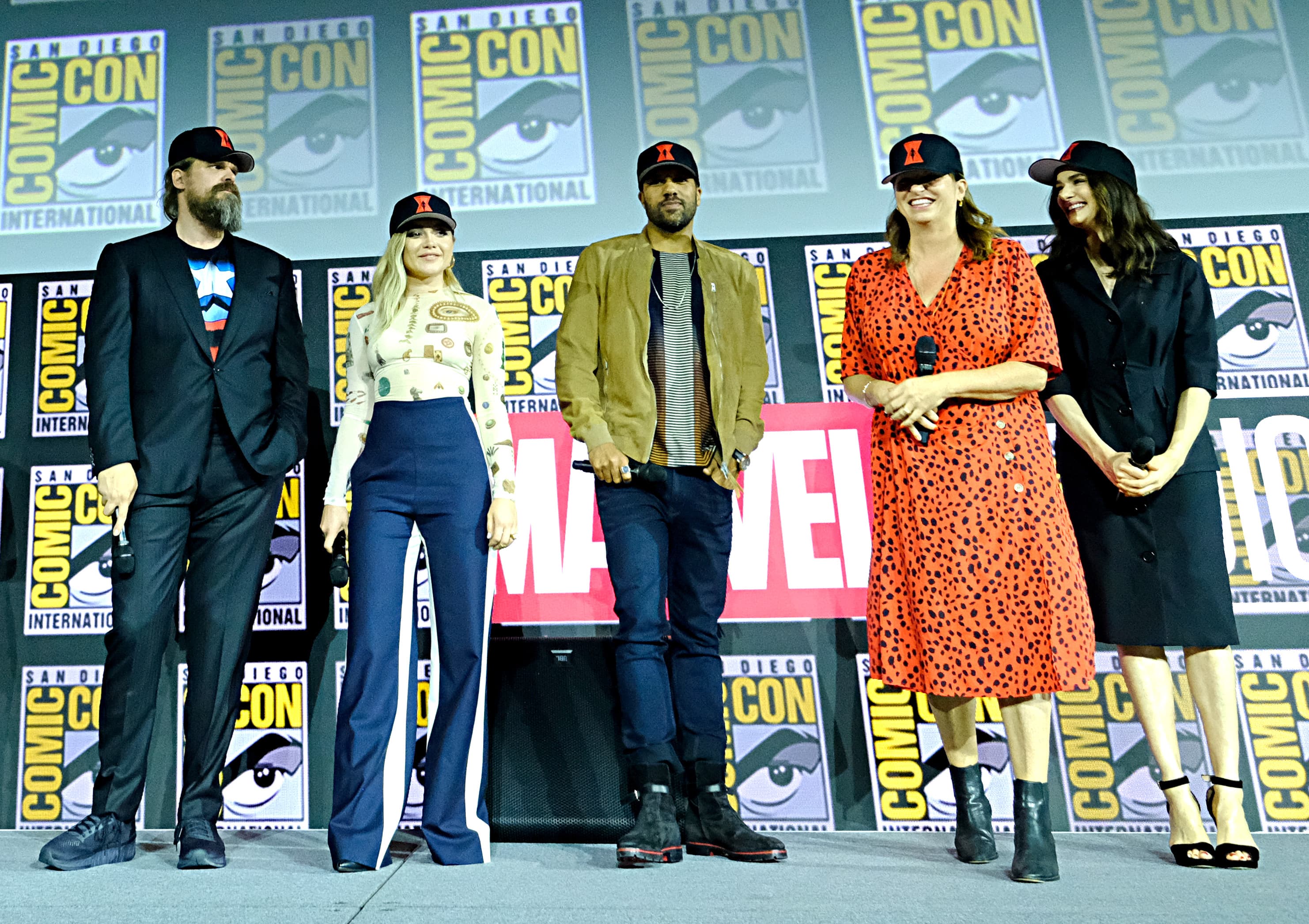 Cate Shortland and the cast of Black Widow