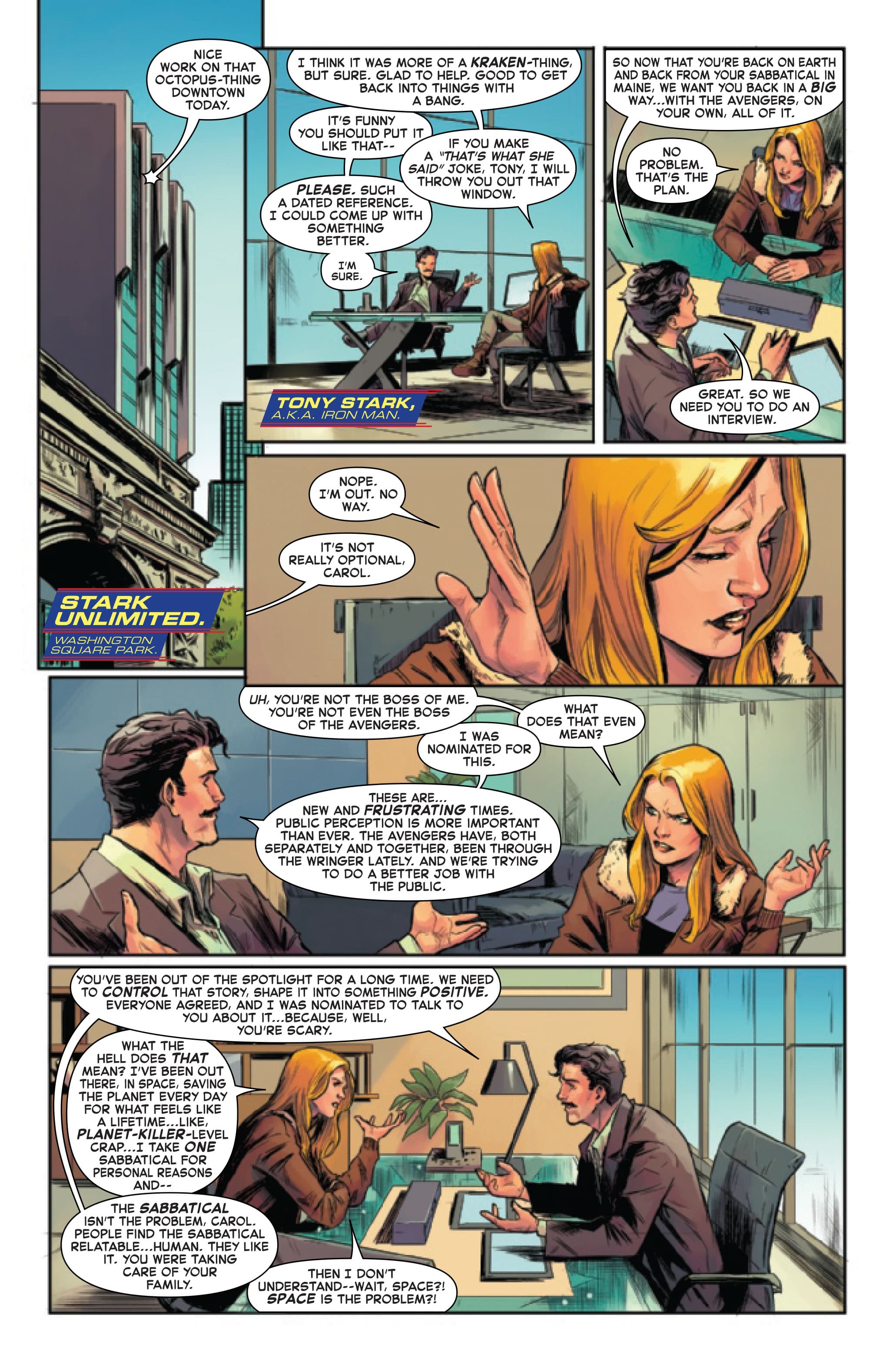 Carol Danvers talking to Tony Stark