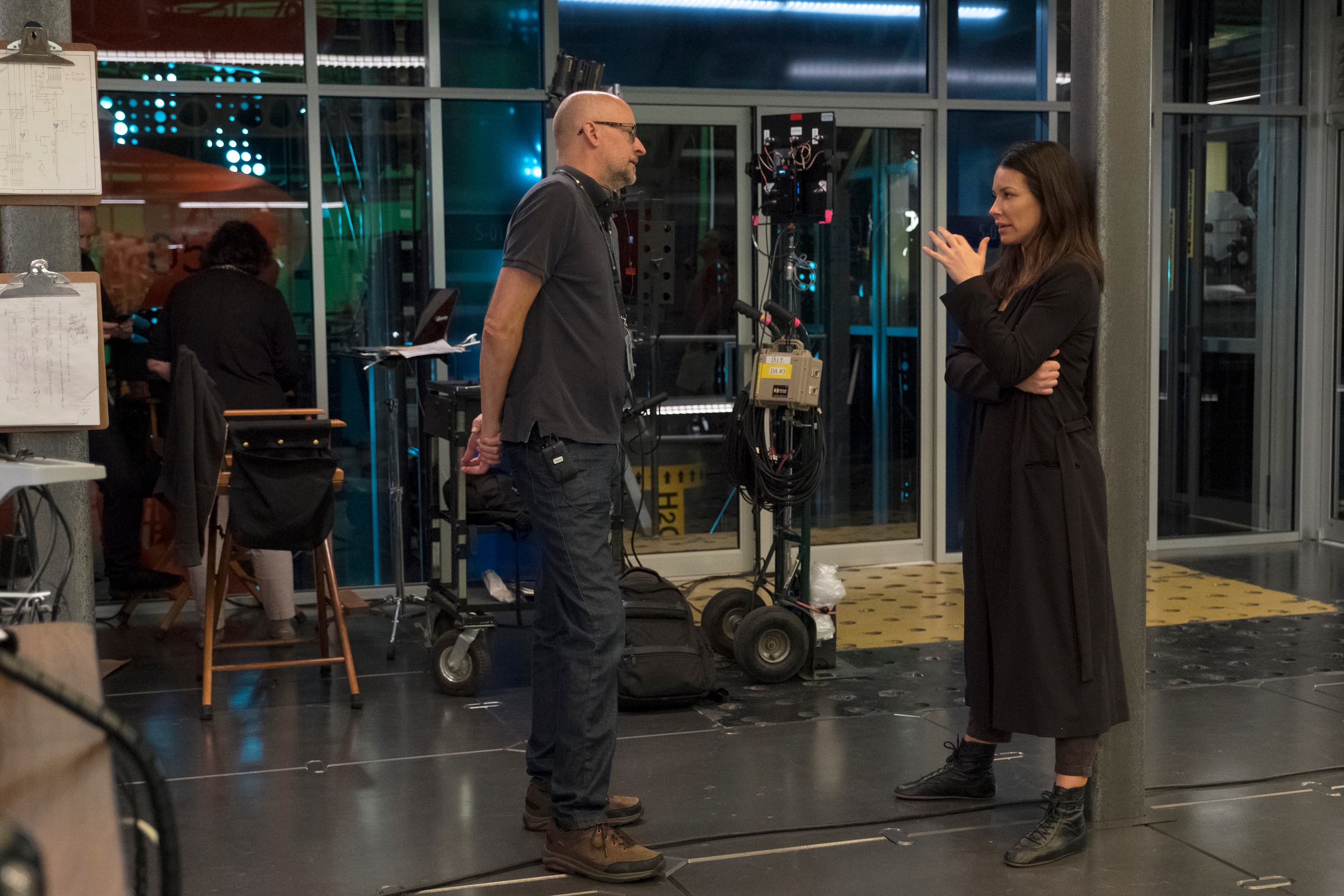 Evangeline Lilly and Peyton Reed on the set of Ant-Man and the Wasp