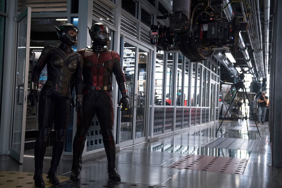 The Wasp/Hope van Dyne (Evangeline Lilly) and Ant-Man/Scott Lang (Paul Rudd) BTS on set.