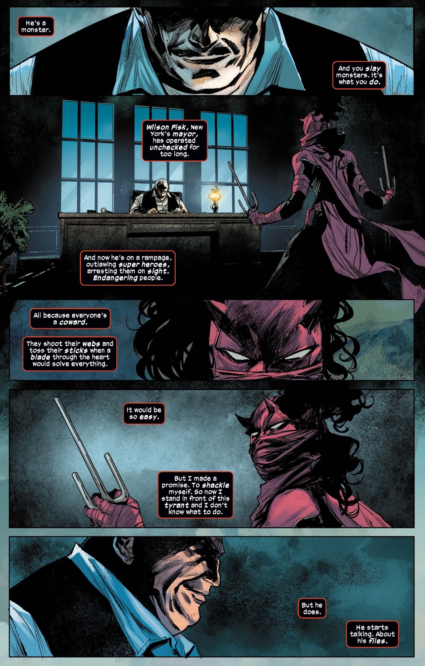 Daredevil: Elektra confronts her former boss in DAREDEVIL: WOMAN WITHOUT FEAR (2022) #1.