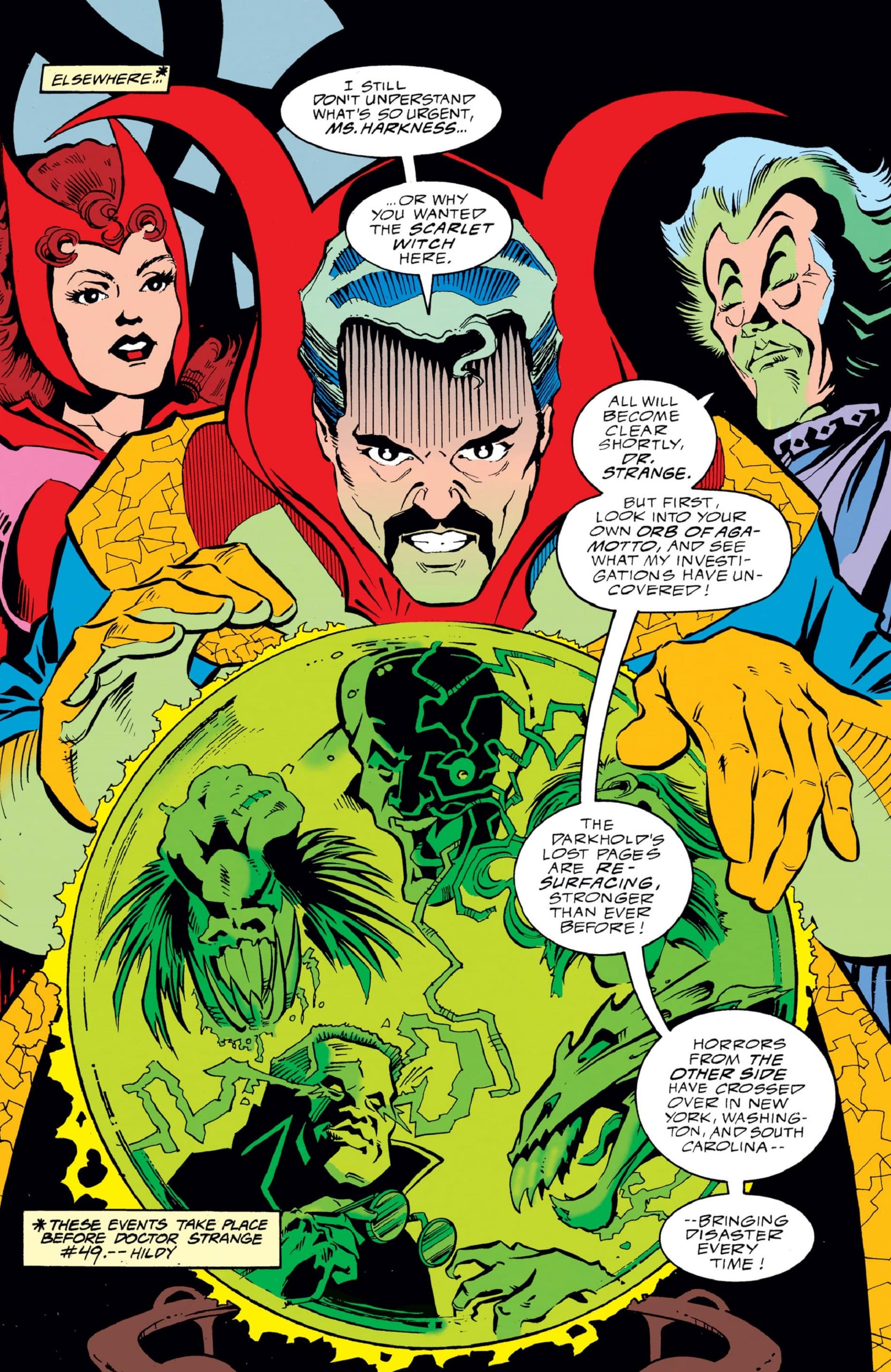 Doctor Strange finds the present-day seekers of the Darkhold in DARKHOLD: PAGES FROM THE BOOK OF SINS (1992) #5.