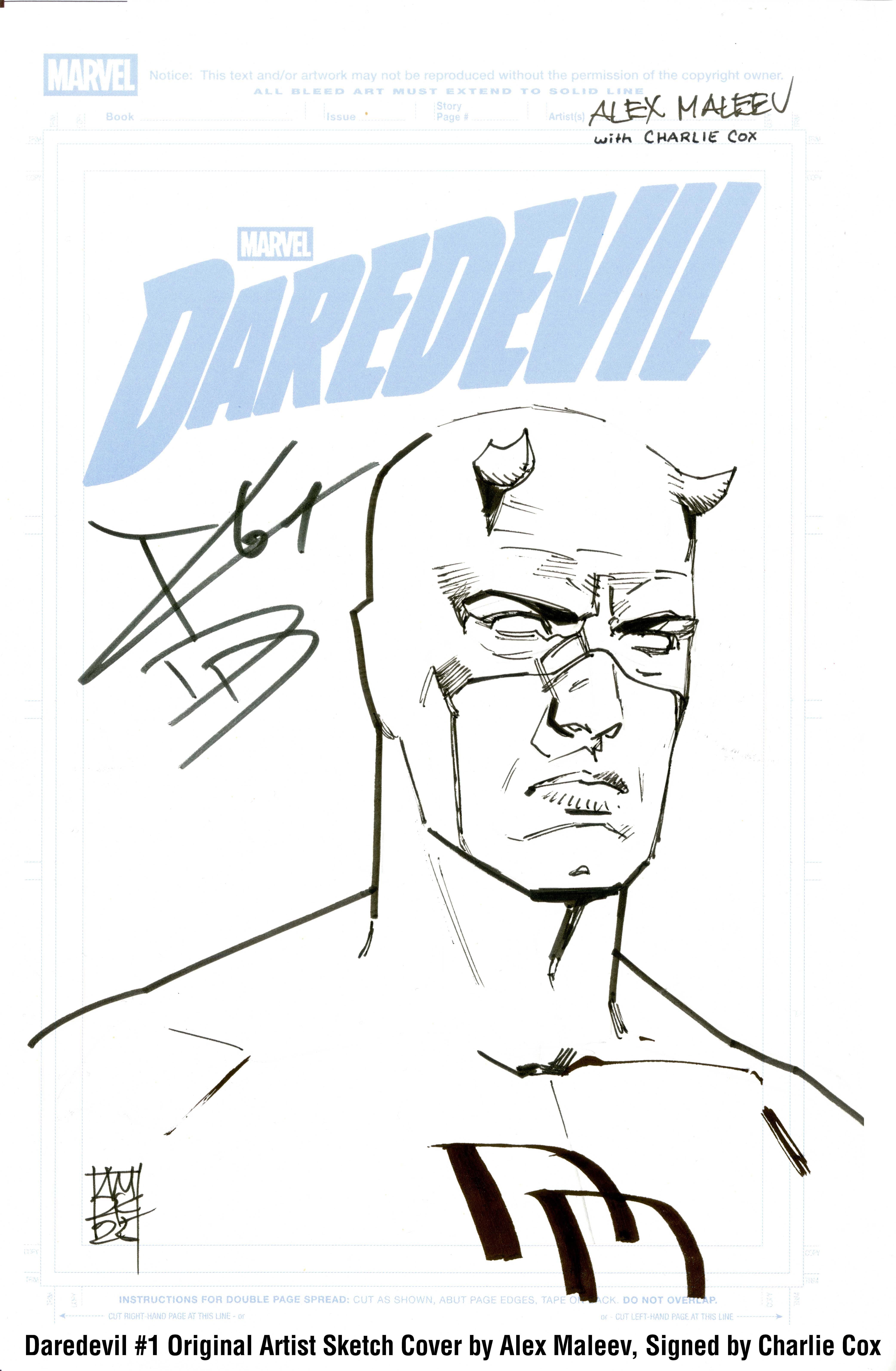 DAREDEVIL #1 original artist sketch by Alex Maleev, signed by Charlie Cox