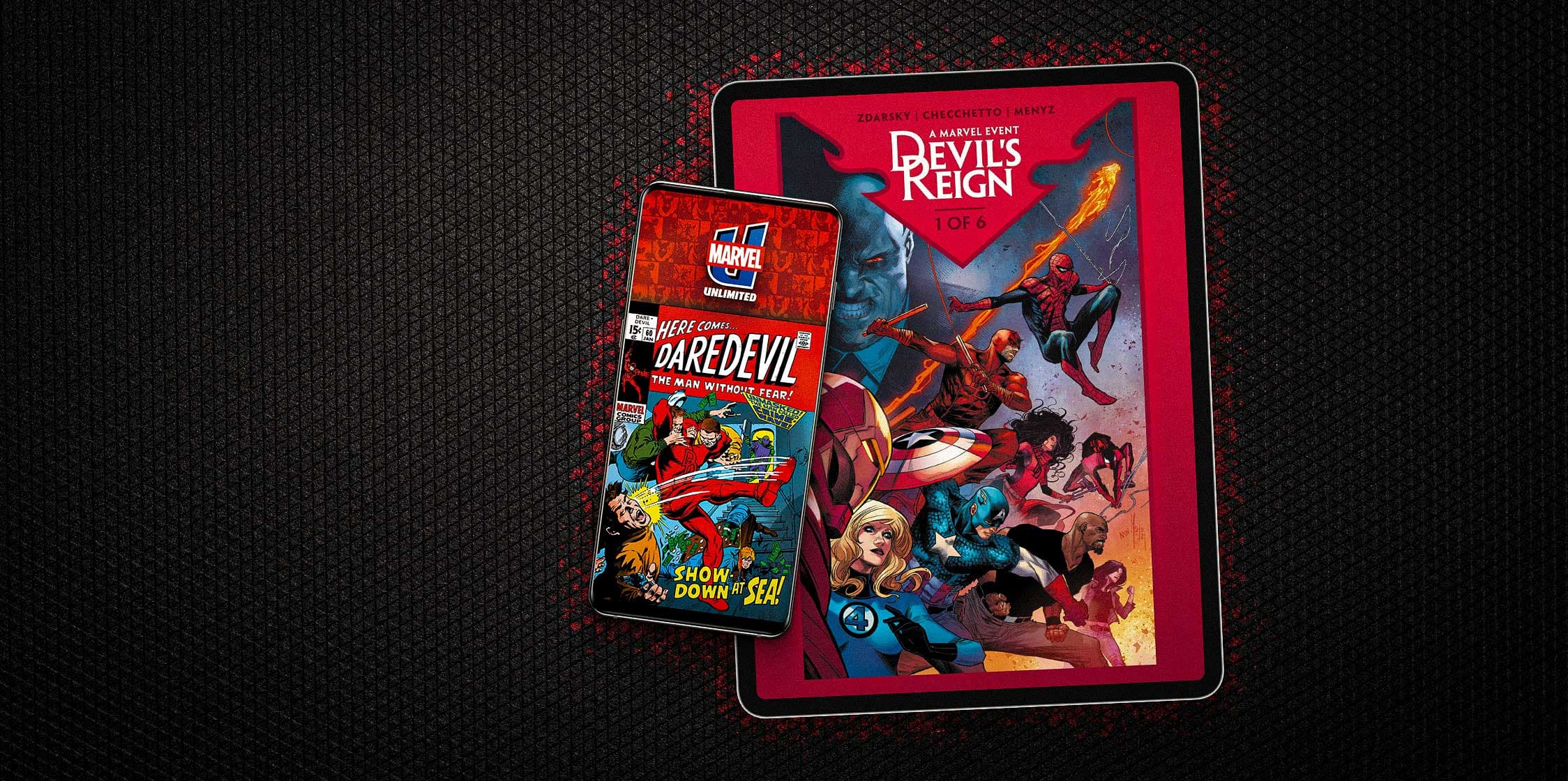 Bundle of Daredevil comics with a tablet and a phone