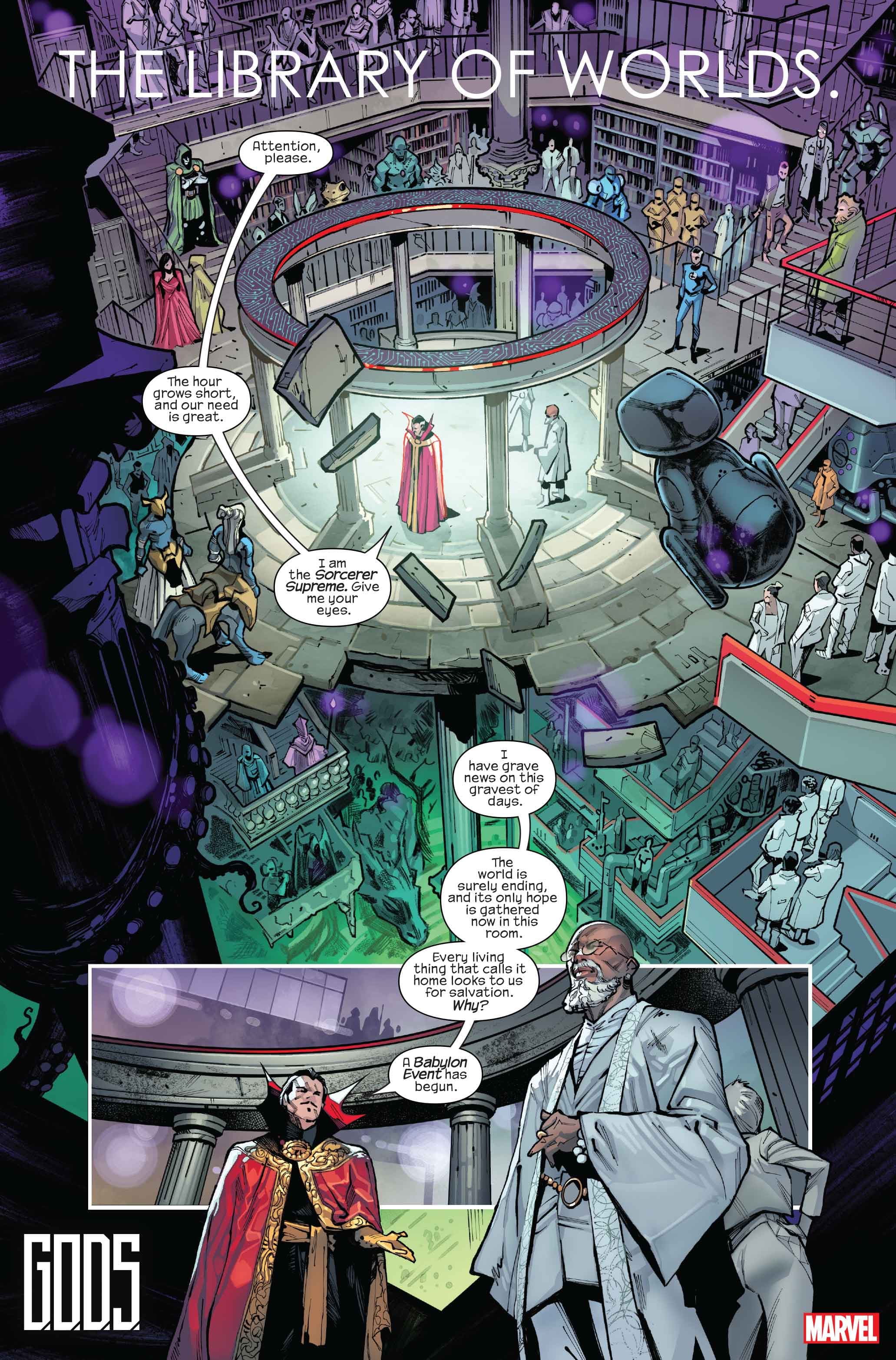 G.O.D.S. #1 page by Jonathan Hickman, Valerio Schiti, Marte Gracia, and VC's Travis Lanham