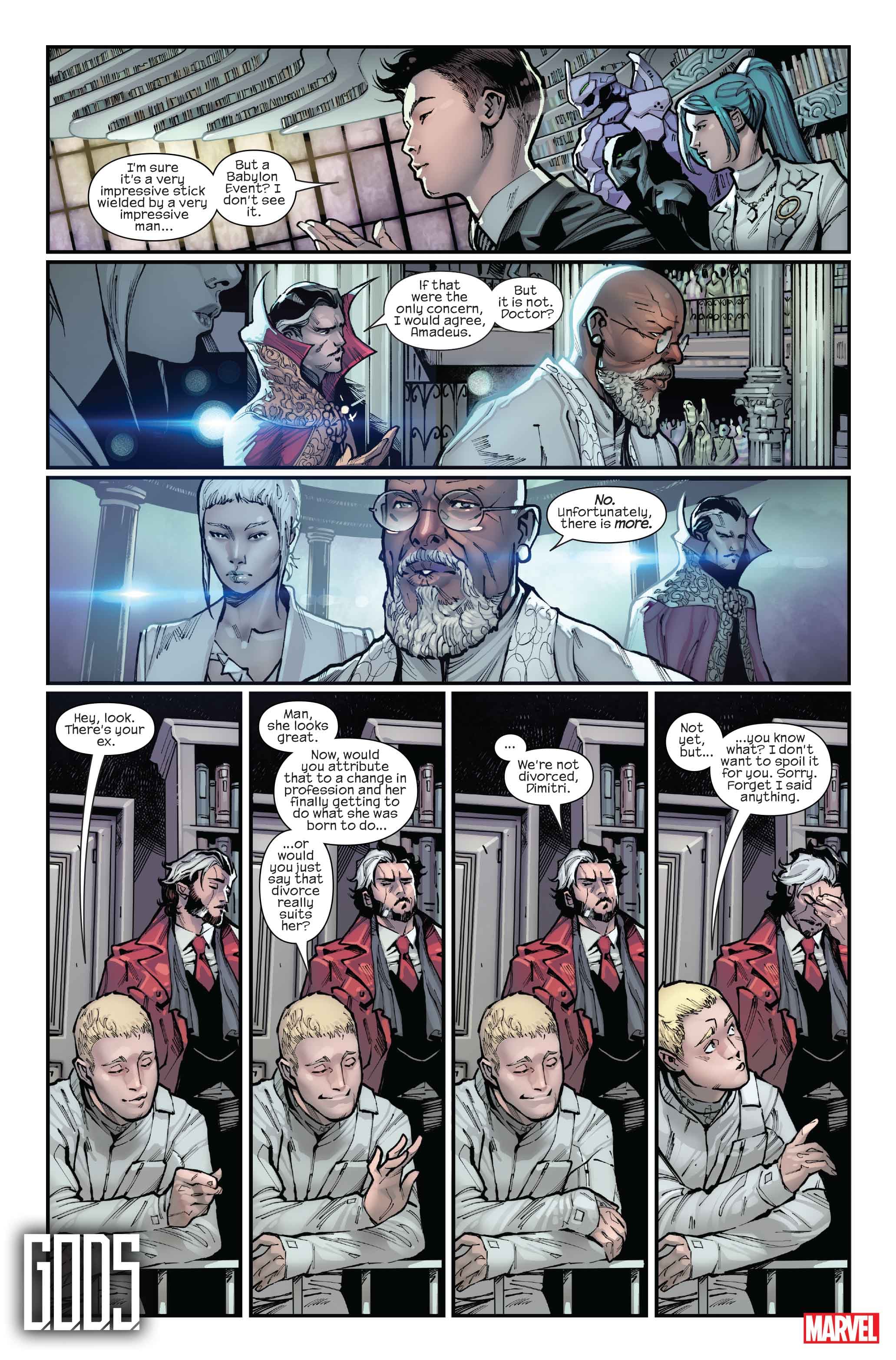 G.O.D.S. #1 page by Jonathan Hickman, Valerio Schiti, Marte Gracia, and VC's Travis Lanham