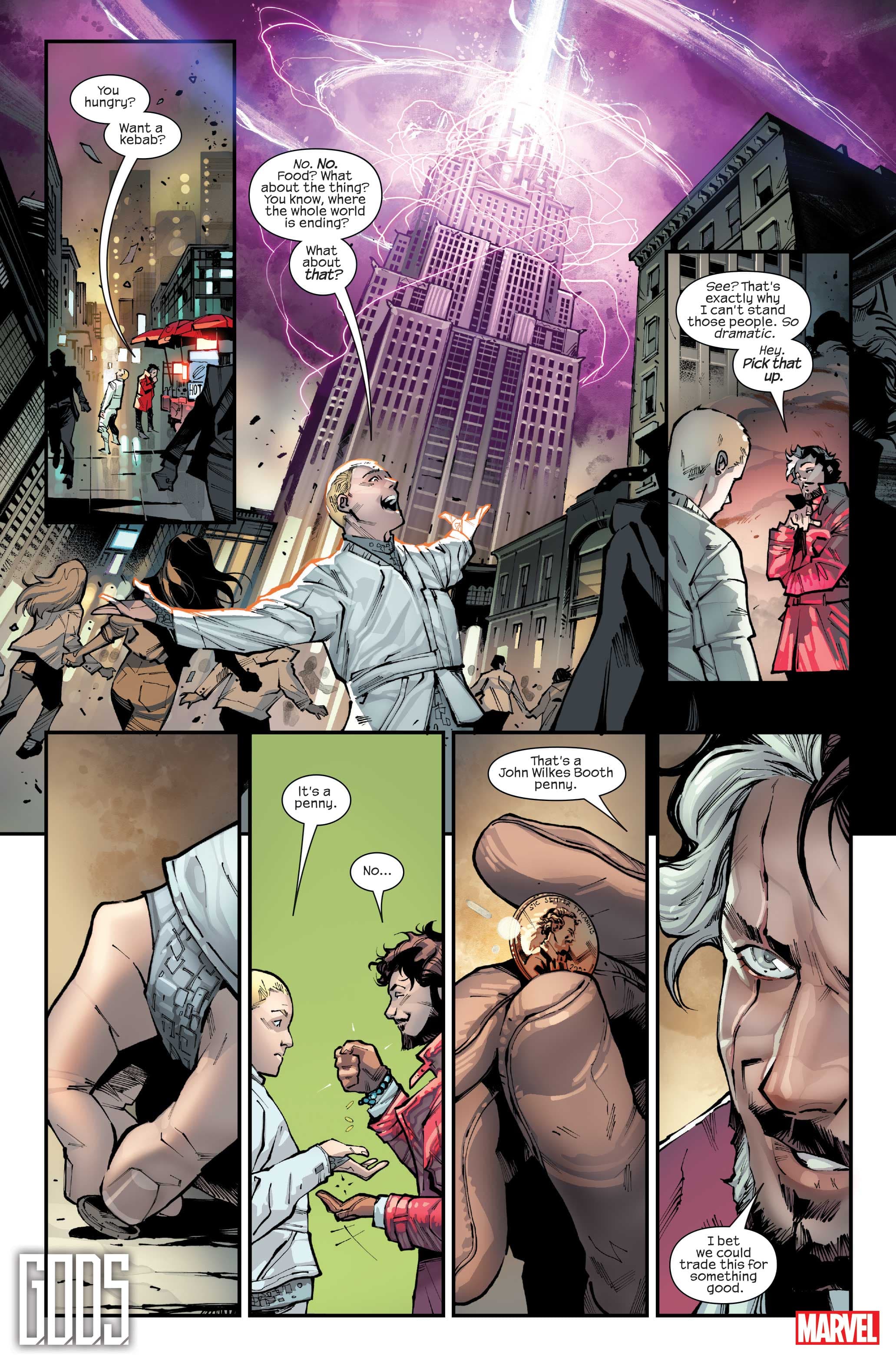 G.O.D.S. #1 page by Jonathan Hickman, Valerio Schiti, Marte Gracia, and VC's Travis Lanham