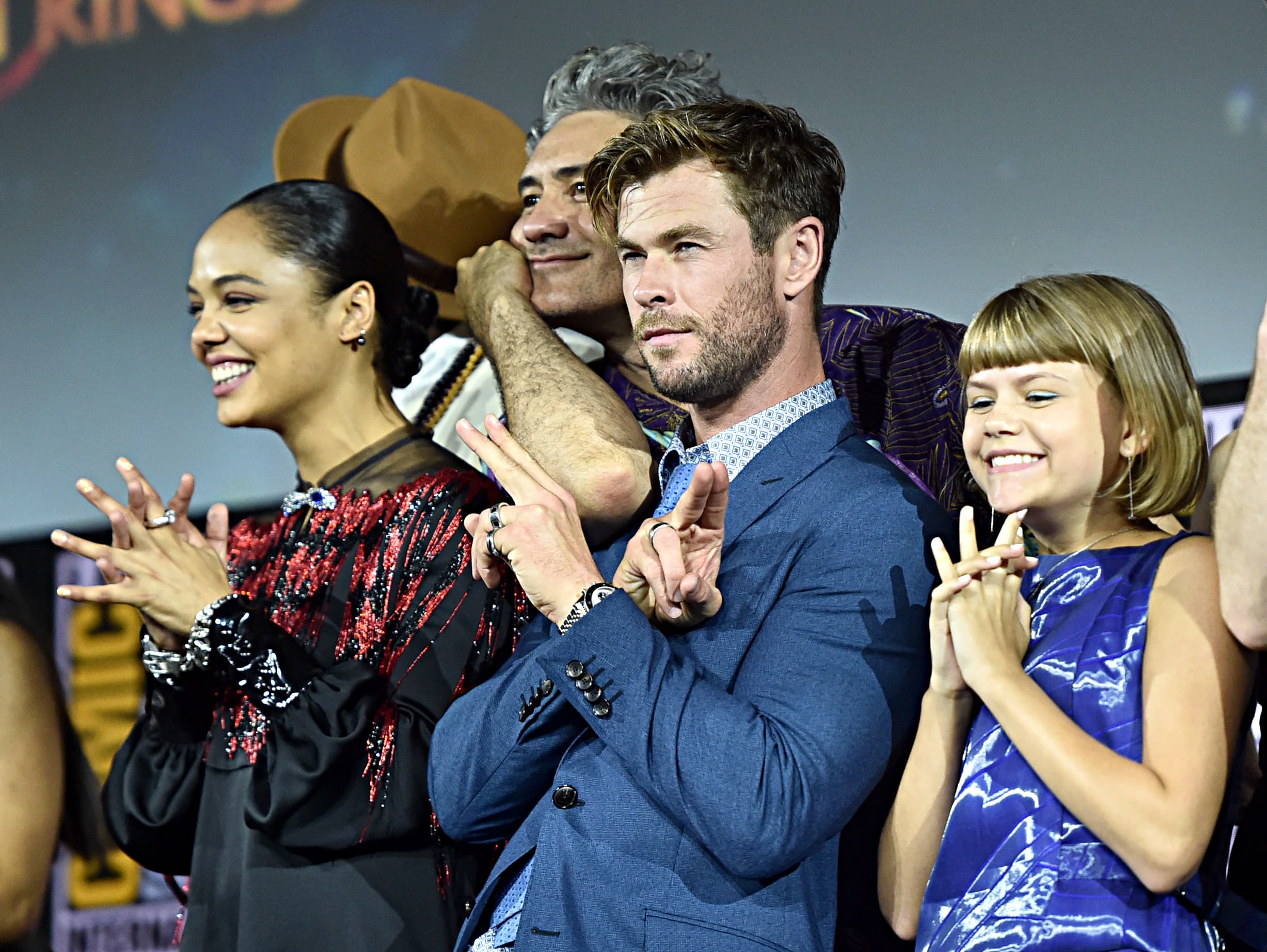 Tessa Thompson, Chris Hemsworth and Lia McHugh
