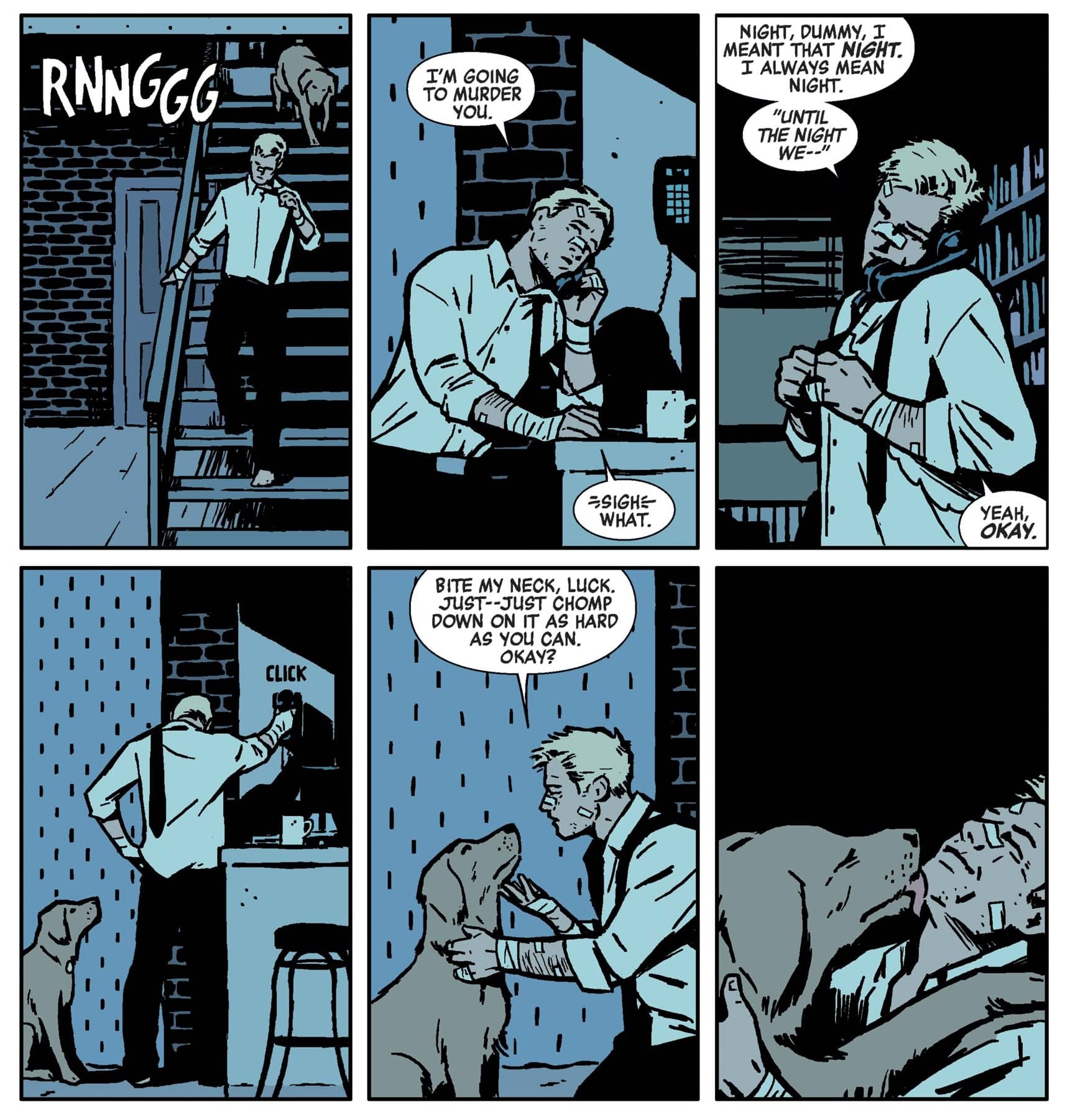 Lucky gives Clint Barton a (wet) kiss.