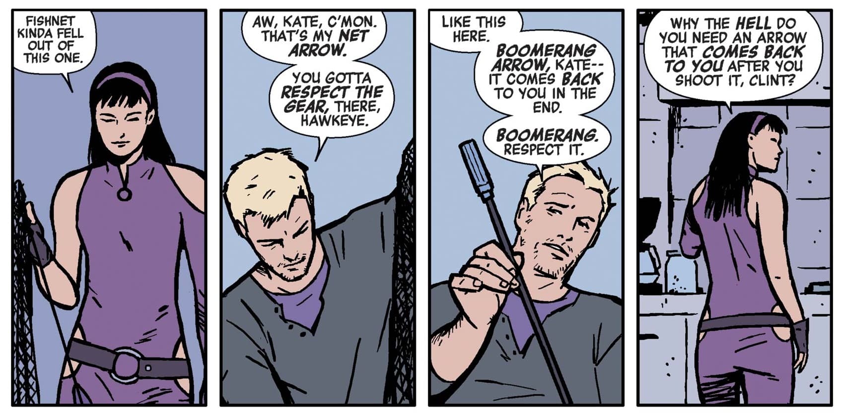 Clint explaining trick arrows to Kate.