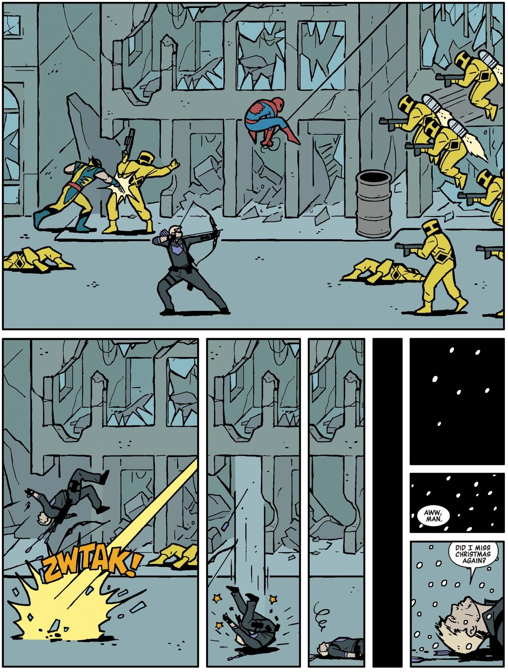 Clint fights some A.I.M. agents with fellow Avengers Wolverine and Spider-Man.