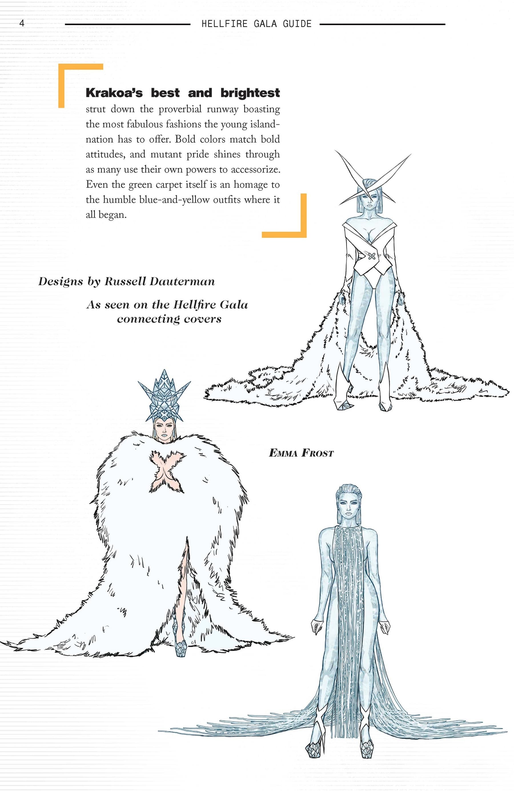 Emma Frost’s designs by Russell Dauterman in HELLFIRE GALA GUIDE (2021) #1.