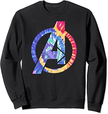 <a href=https://www.amazon.com/dp/B084JN1LM6>Marvel Avengers Logo Rainbow Tie Dye 90s Sweatshirt</a> / Amazon