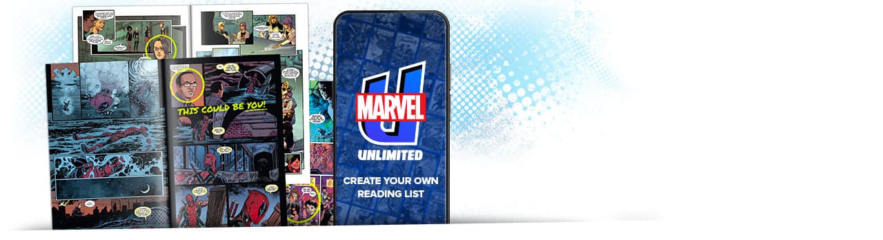 One-of-a-kind Marvel Experiences! An assortment of comics and a phone with the Marvel Unlimited app