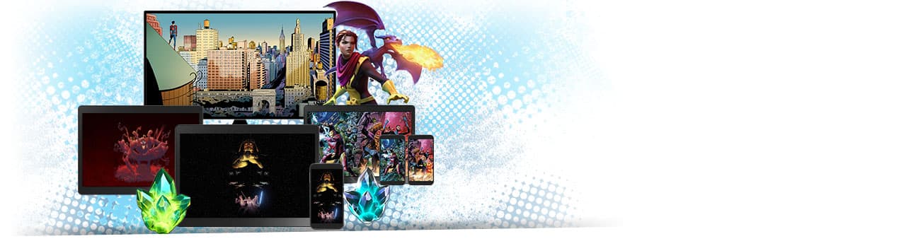 Digital comics, digital wallpapers, in-game rewards and more! Variety of phones and tablets showing digital prizes.