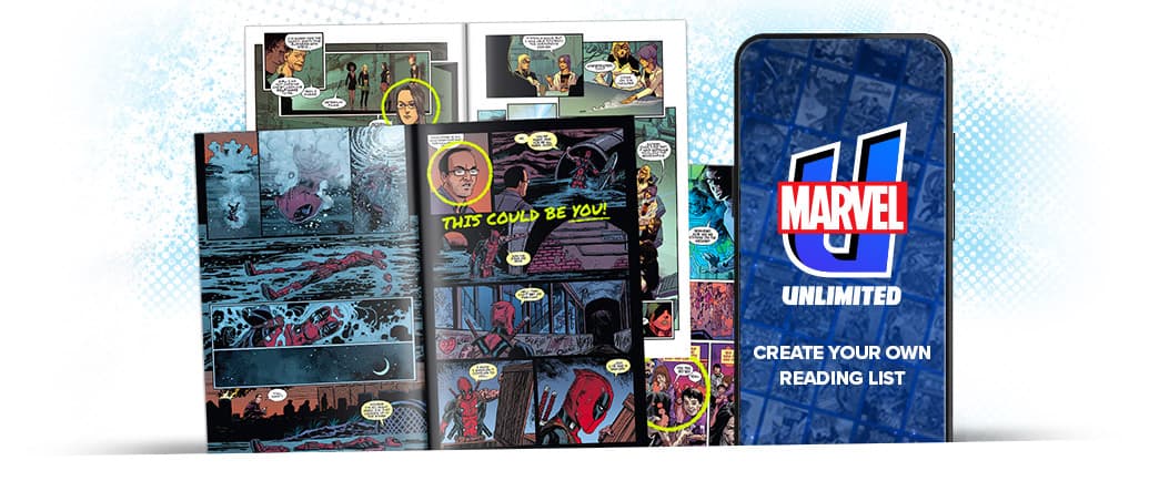 One-of-a-kind Marvel Experiences! An assortment of comics and a phone with the Marvel Unlimited app