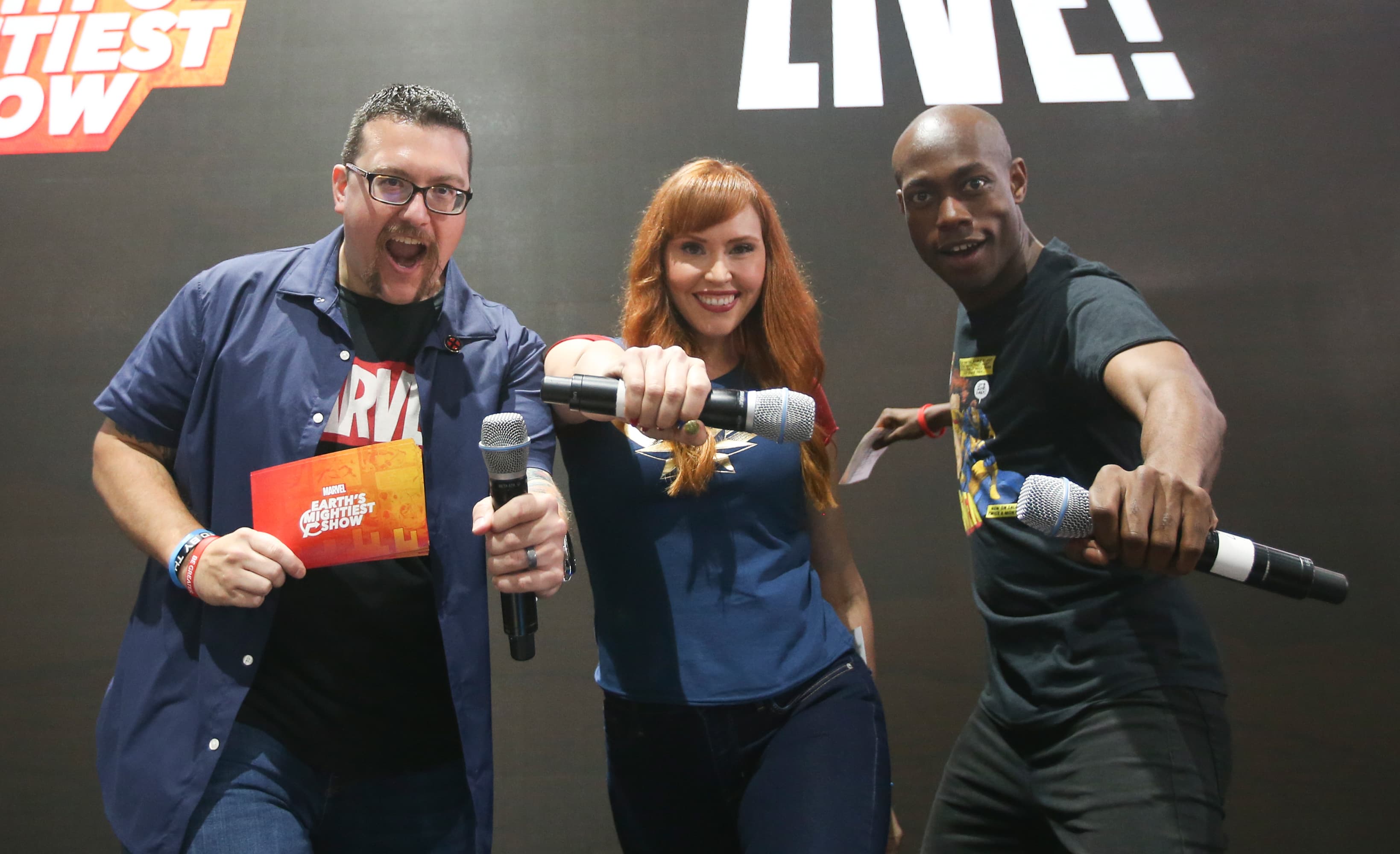 From left to right: Marvel Live Hosts Ryan "Agent M" Penagos, Lorraine Cink, and Langston Belton