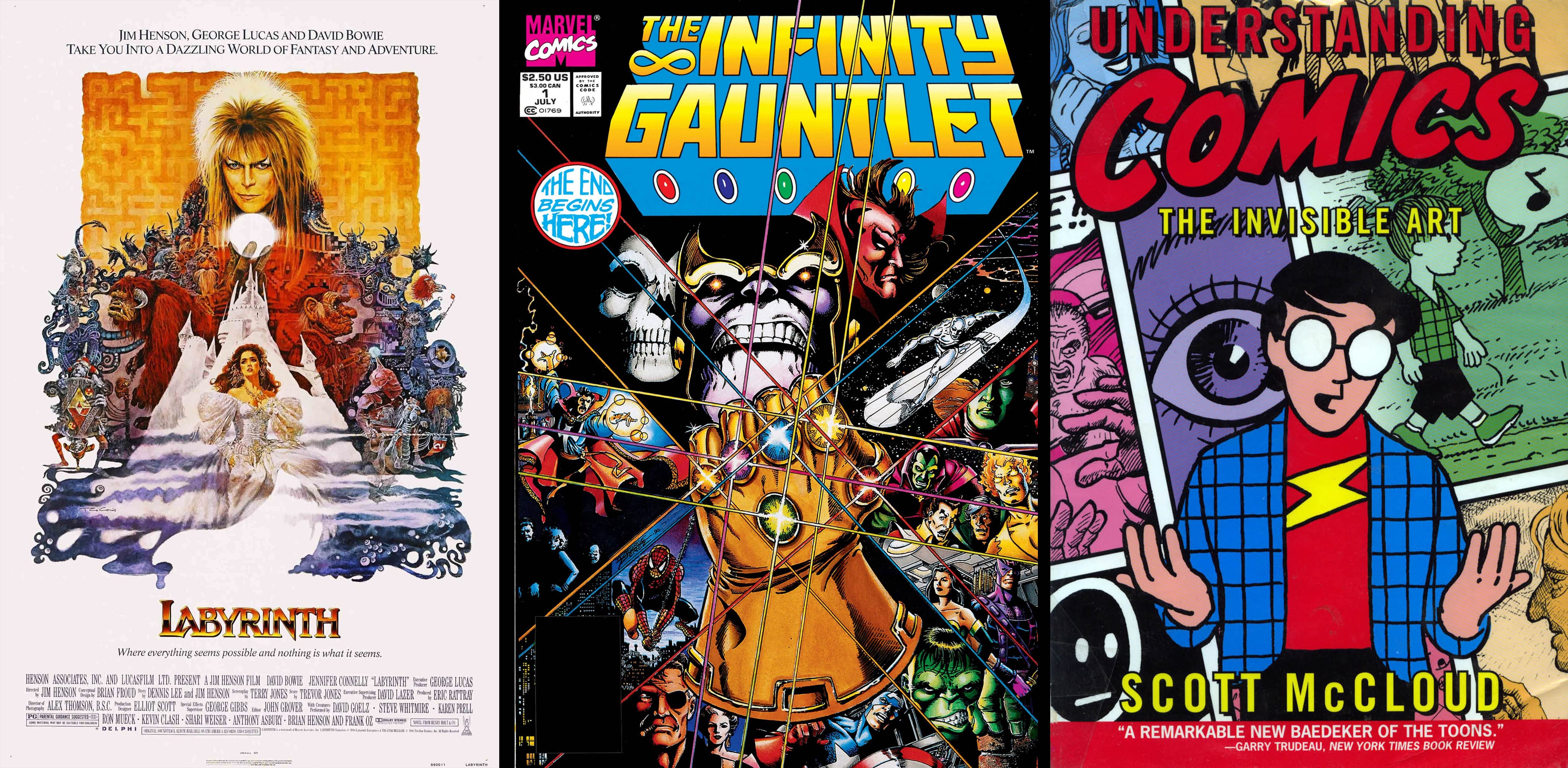 Labyrinth poster, Infinity Gauntlet, Scott McCloud's Understanding Comics