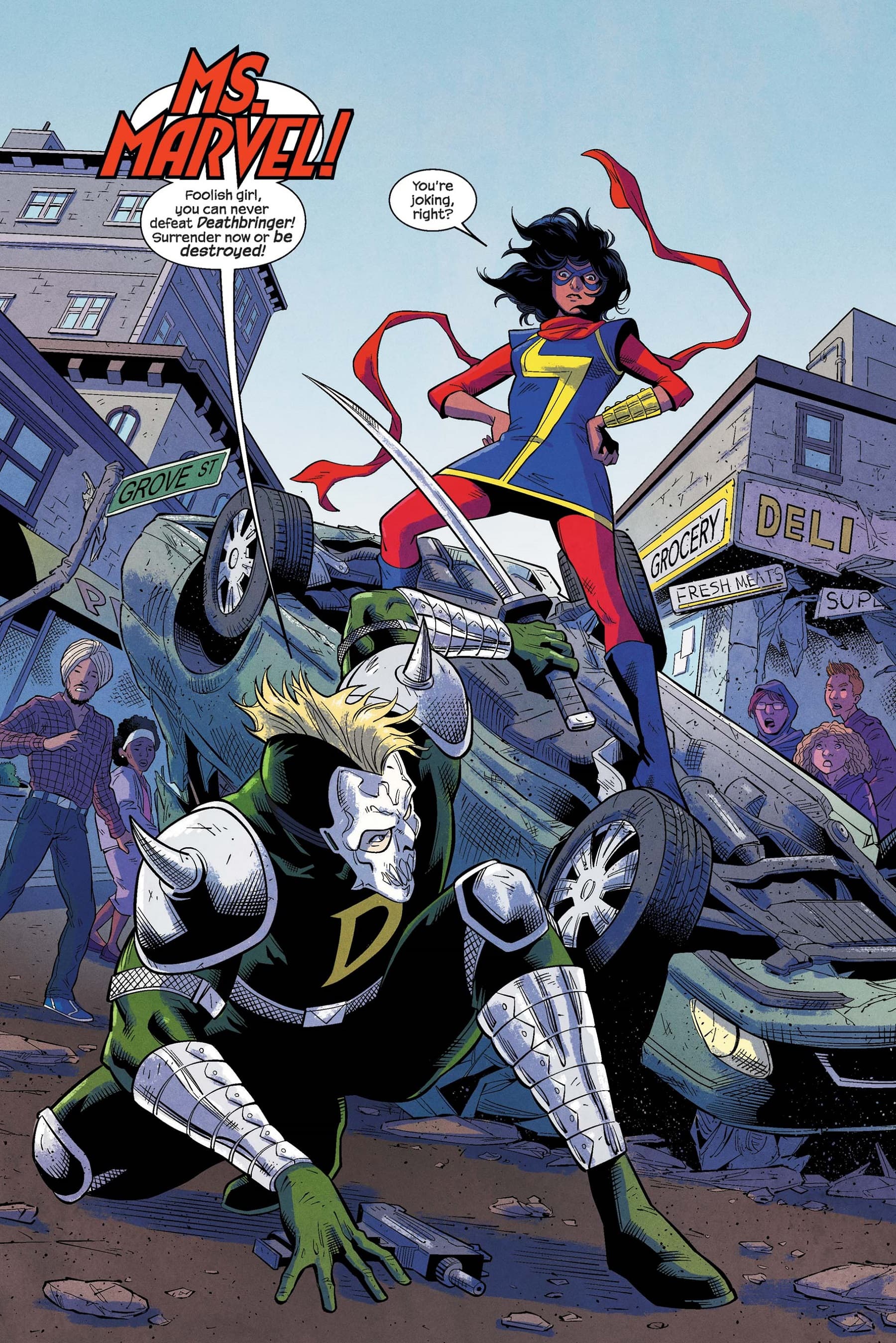 Ms. Marvel stands over a local villain in New Jersey.
