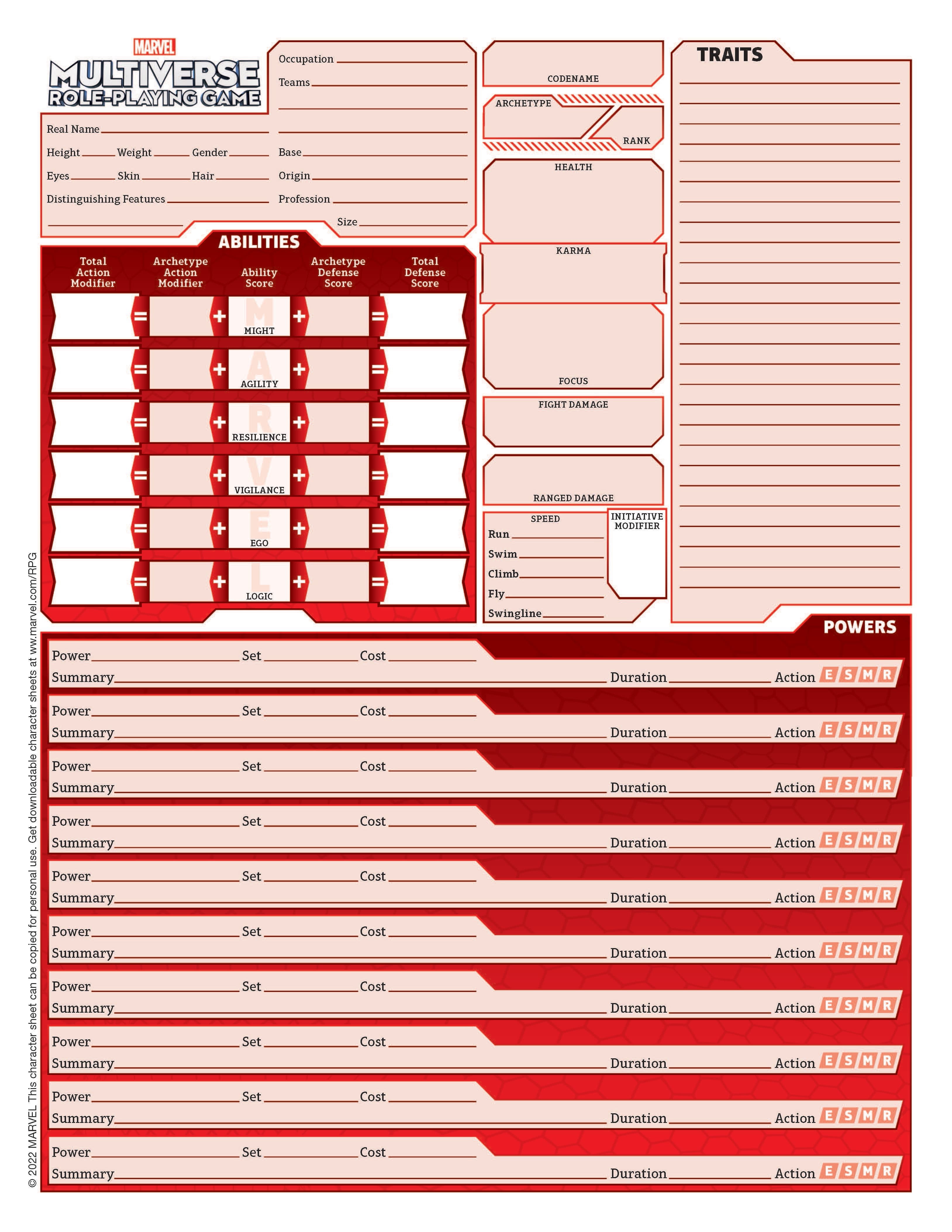 Marvel Multiverse Role-Playing Game Playtest Rulebook by Matt Forbeck Character Sheet (Blank)