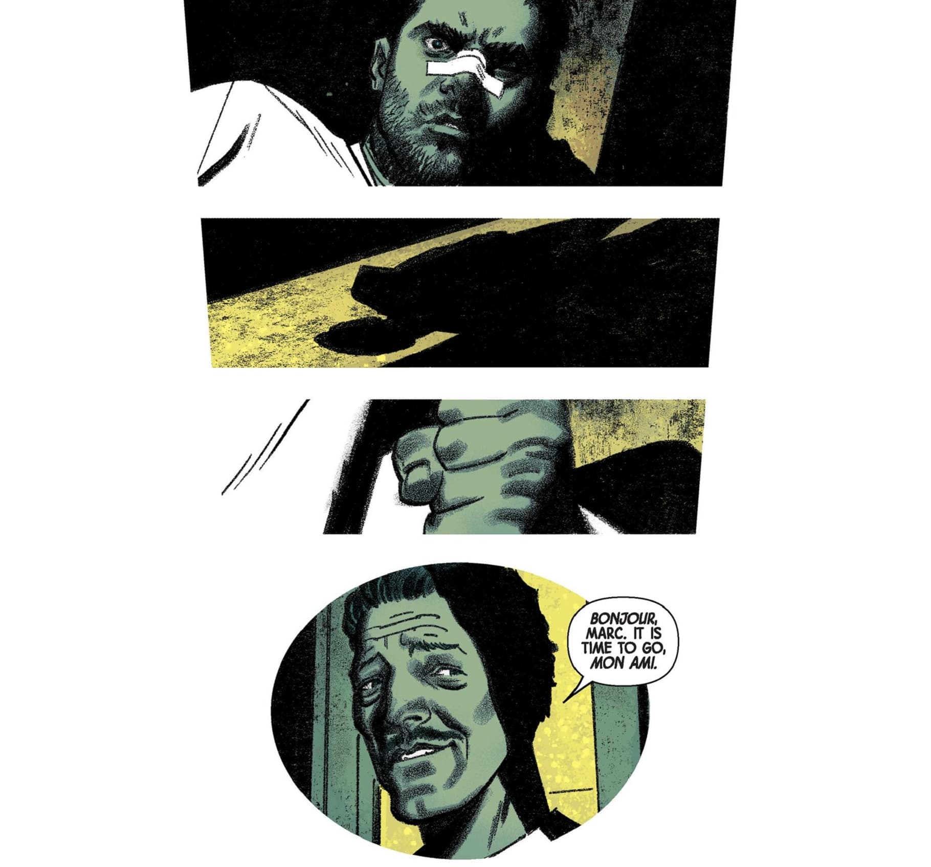 Frenchie tries to escape with Marc Spector in MOON KNIGHT (2016) #2,