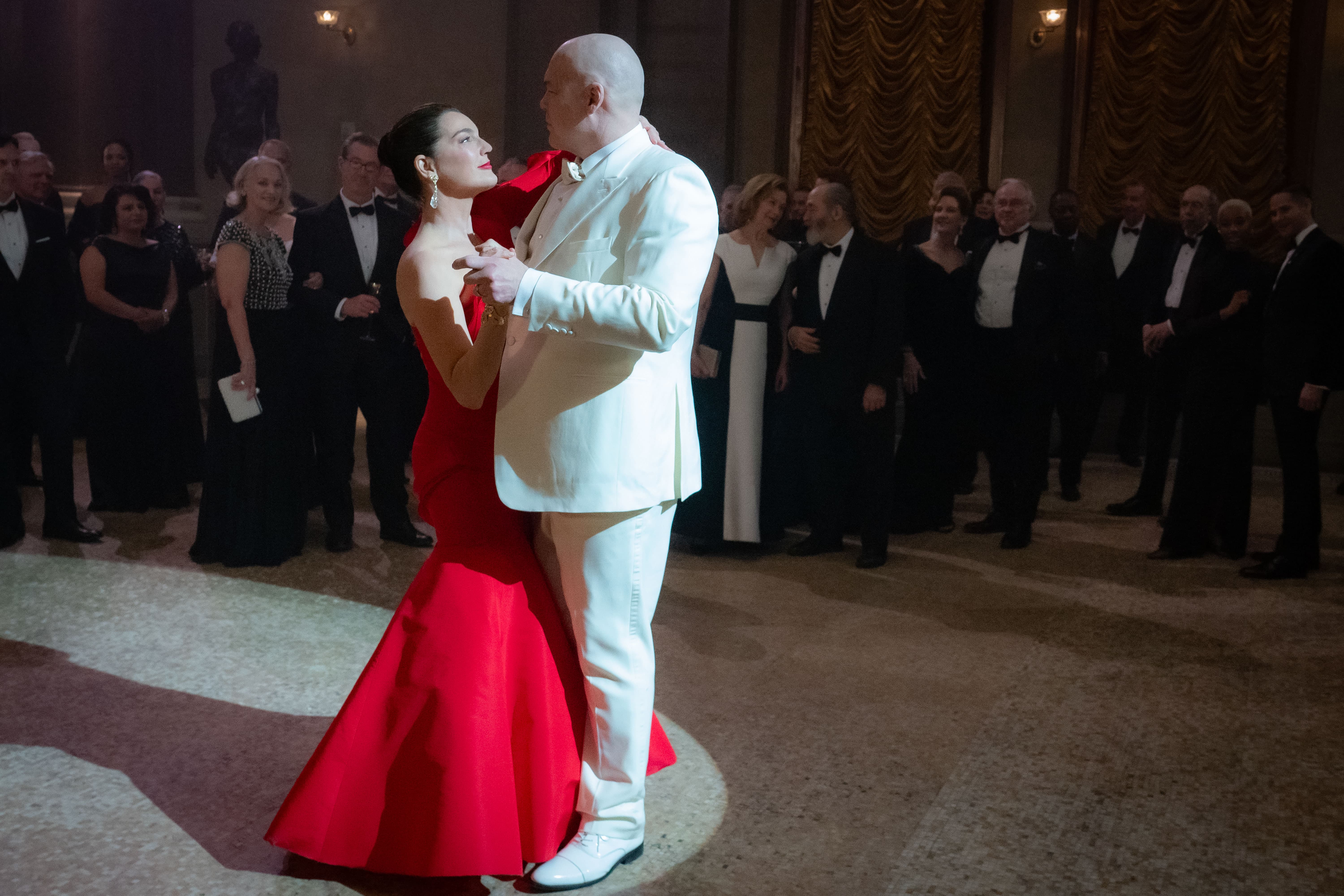 'Daredevil: Born Again' still of Wilson and Vanessa Fisk at the Black and White Ball