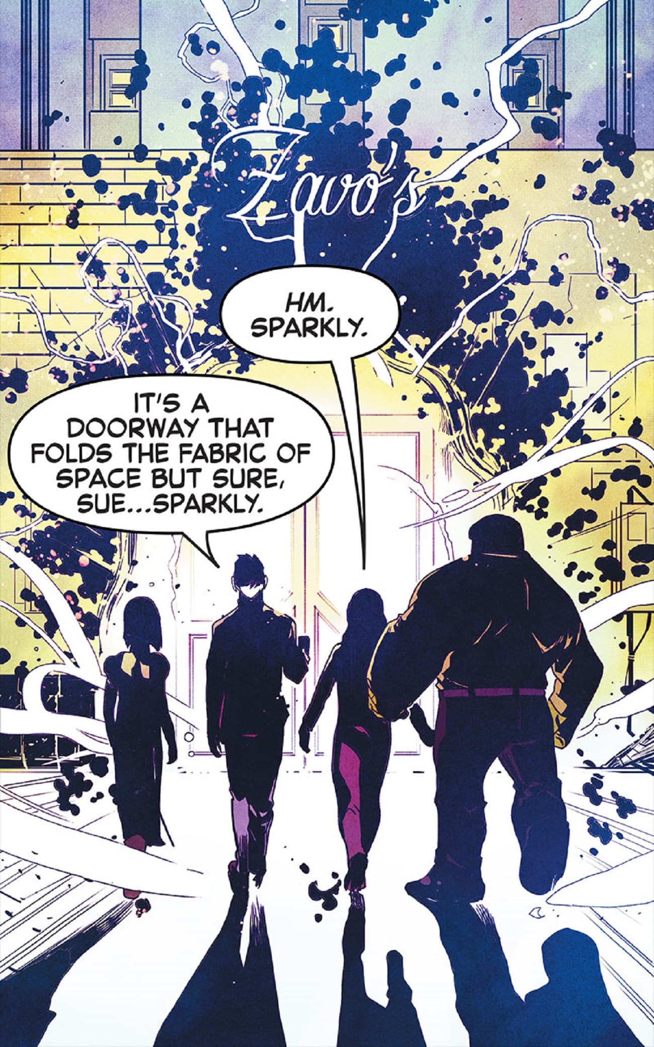 The Fantastic Four enter a restaurant.