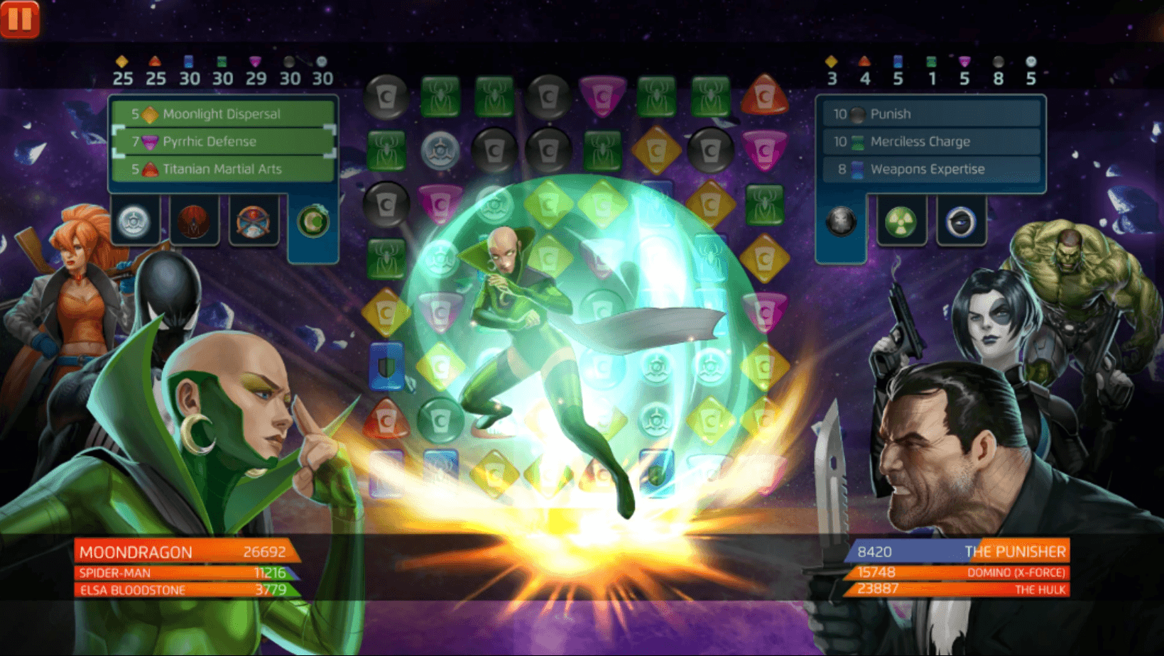 Moondragon (Heather Douglas) uses Pyrrhic Defense in MARVEL Puzzle Quest