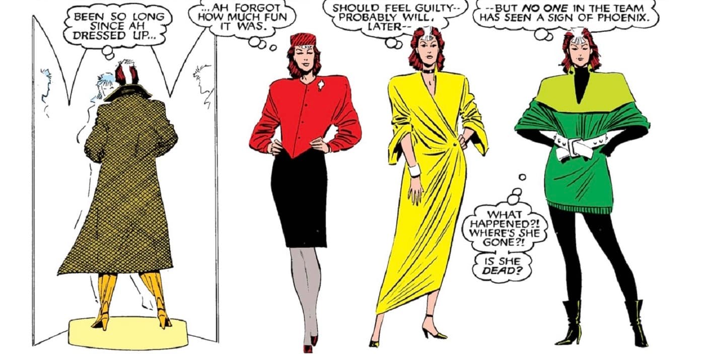 Rogue tries on multiple looks in UNCANNY X-MEN (1963) #210.