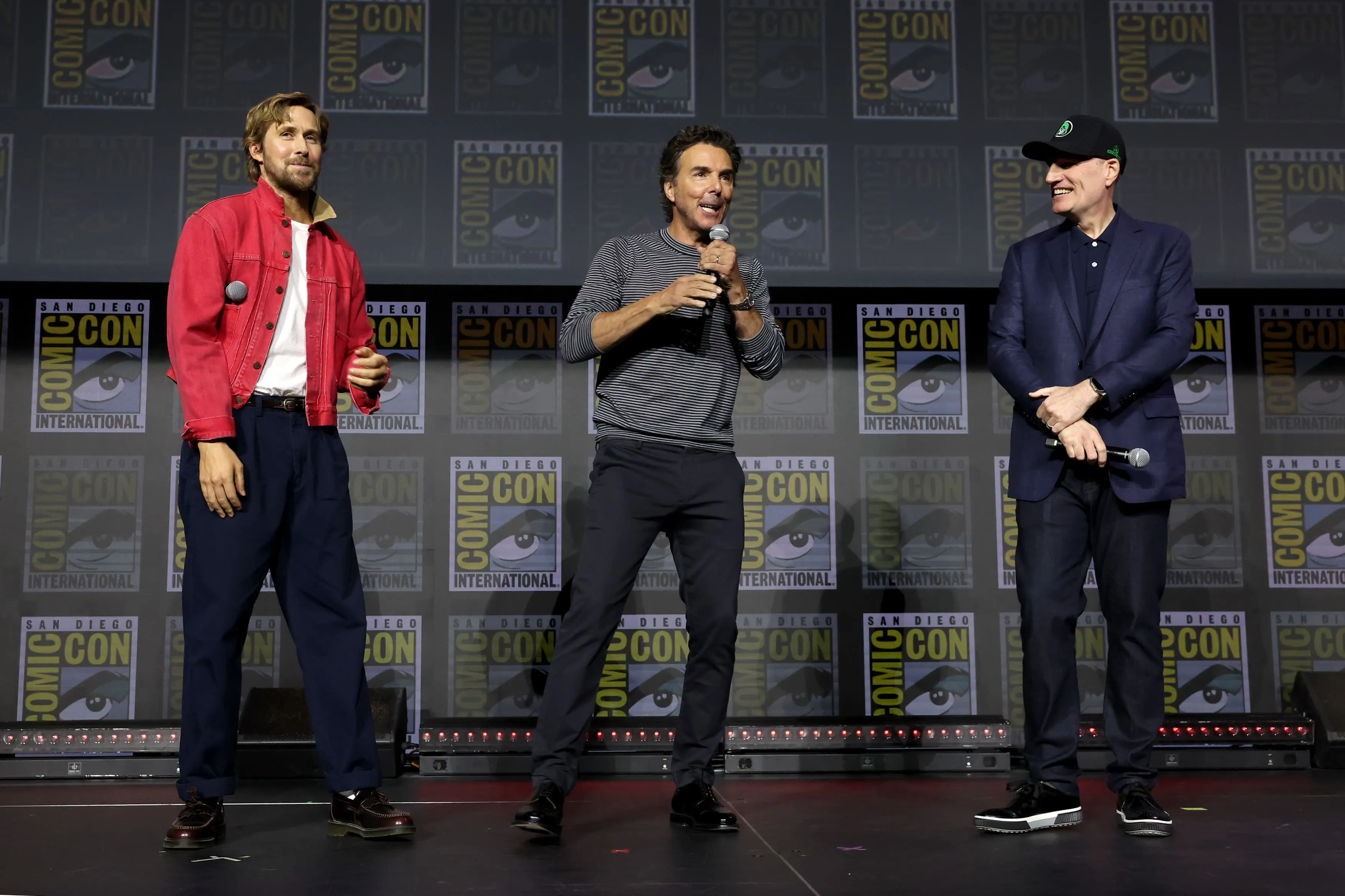 Ryan Gosling, Shawn Levy and Kevin Feige together at Marvel Studios' Comic-Con panel