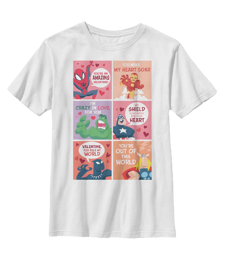 Avengers Valentine Comics t-shirt / shop it <a href=https://www.boxlunch.com/product/marvel-avengers-valentine-comic-youth-t-shirt/15135030.html>here</a>