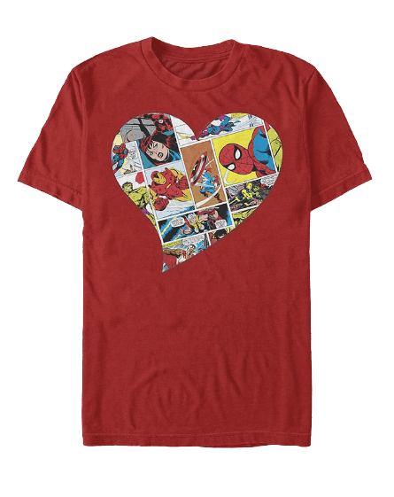 Avengers Heart Panels t-shirt / shop it <a href=https://www.hottopic.com/product/marvel-avengers-heart-panels-t-shirt/16010917.html>here</a>
