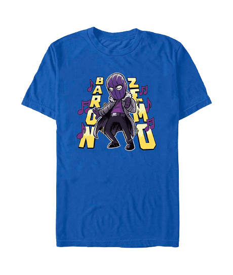 Baron Zemo Dancing Cartoon / shop it <a href=https://www.boxlunch.com/product/marvel-the-falcon-and-the-winter-soldier-baron-zemo-cartoon-t-shirt/15936973.html>here</a>